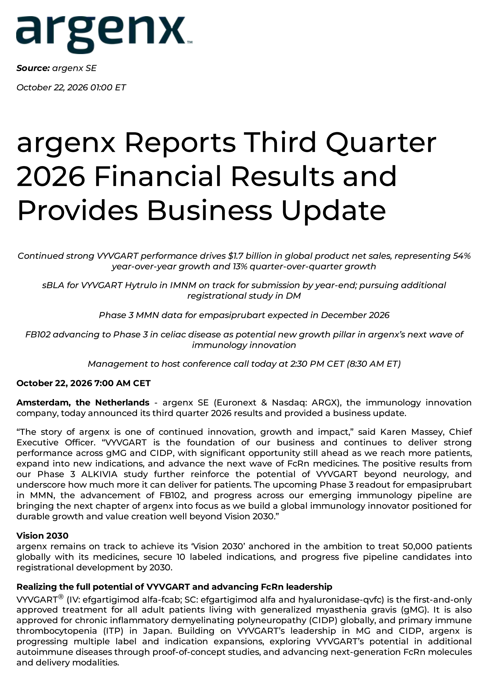 argenex's Q3 2026 Press Release