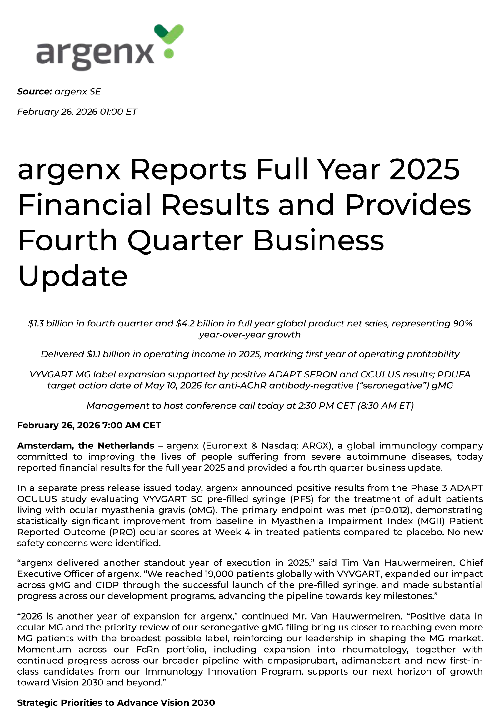 argenex's Q4 2025 Press Release