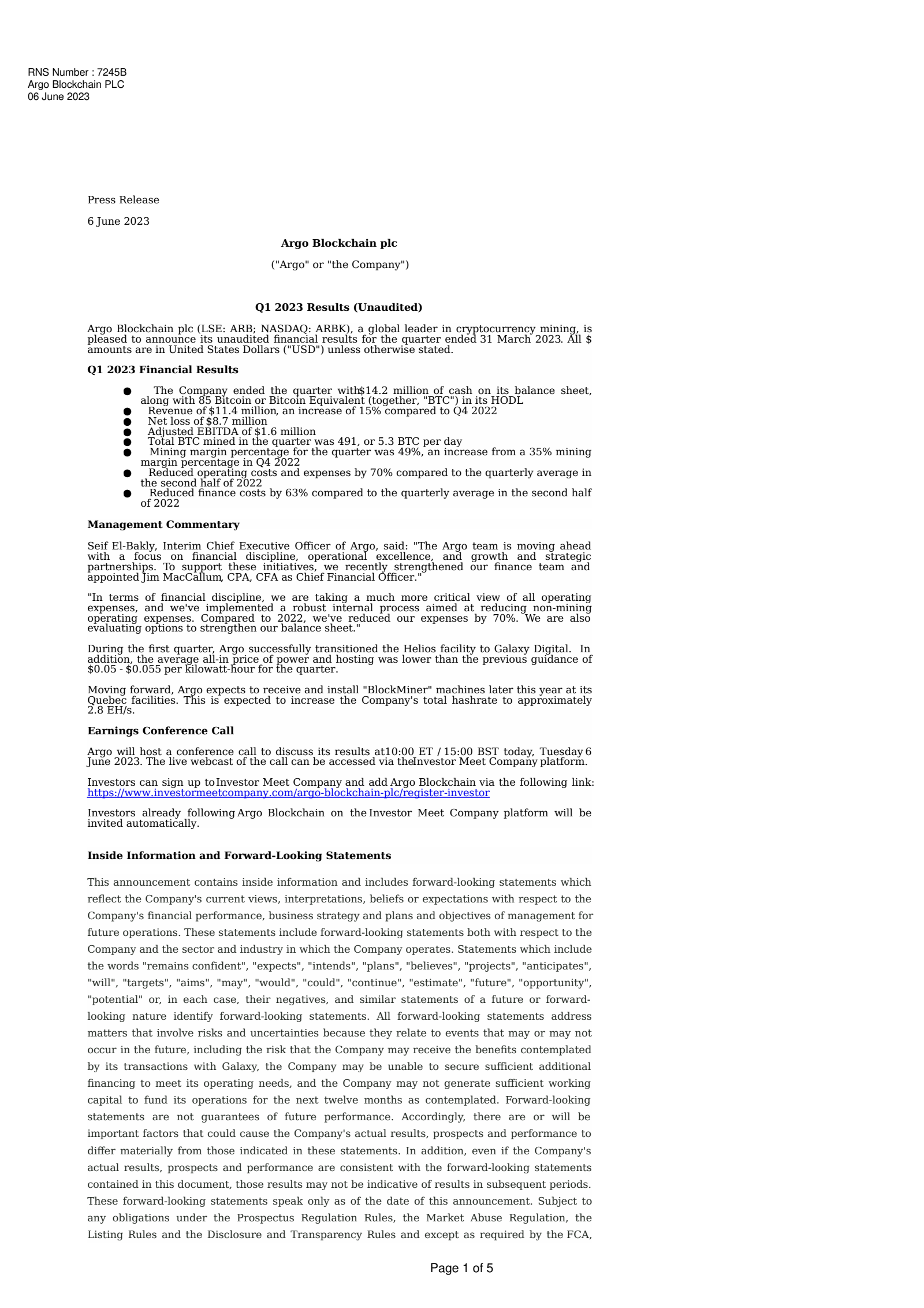 Argo Blockchain's Q1 2023 Press Release
