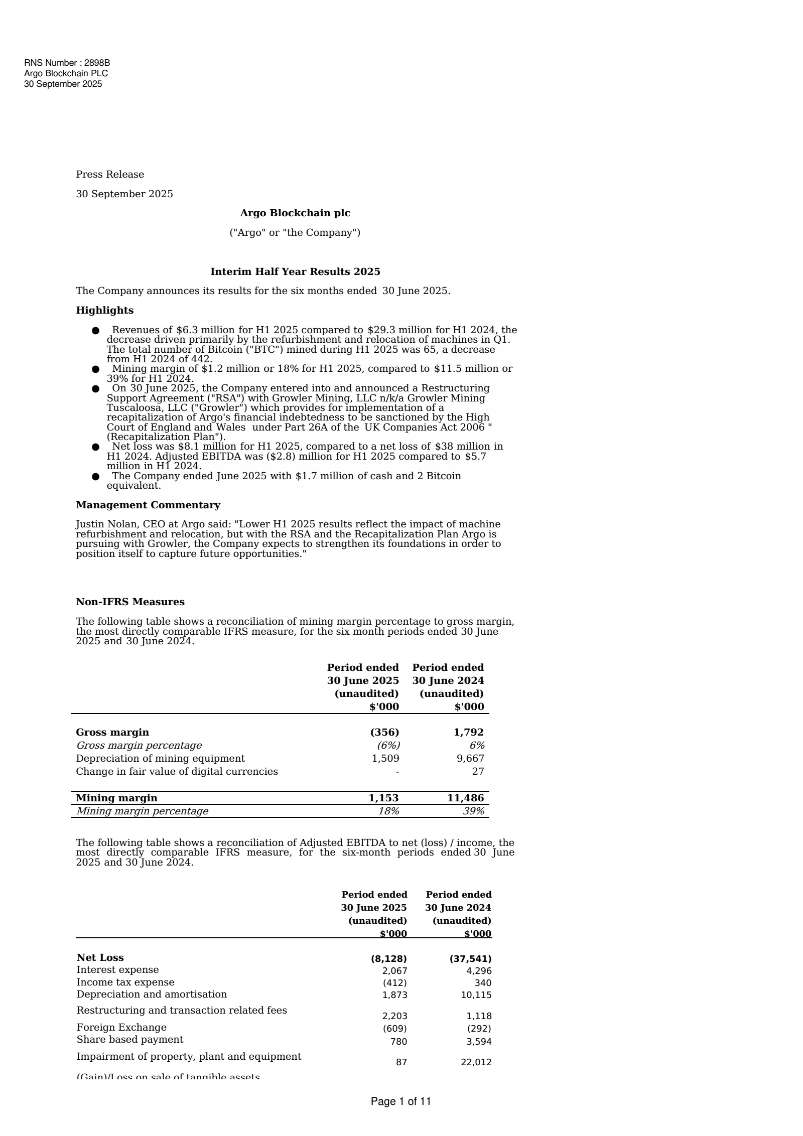 Argo Blockchain's Q2 2025 Interim Report