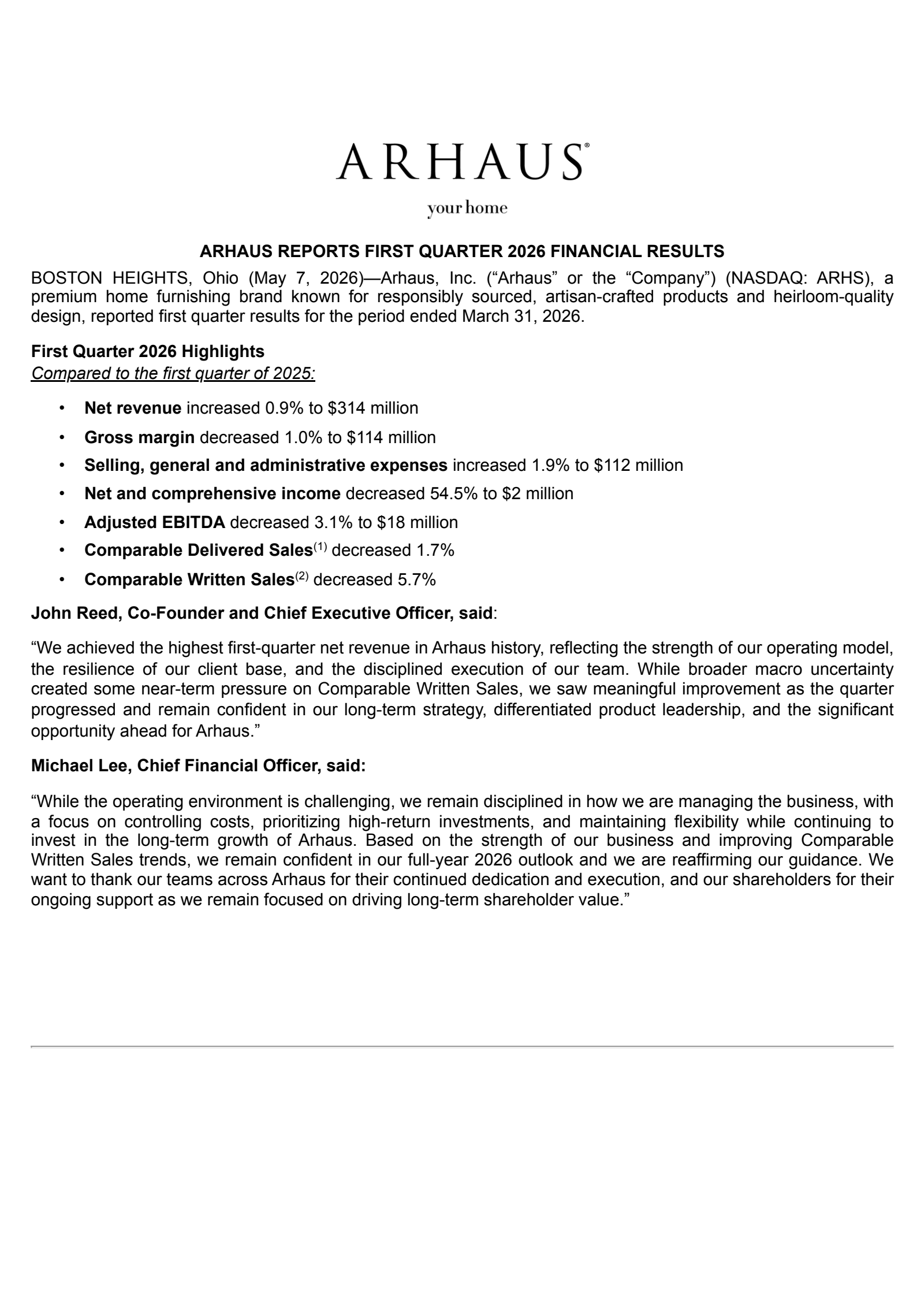 Arhaus' Q1 2026 Press Release