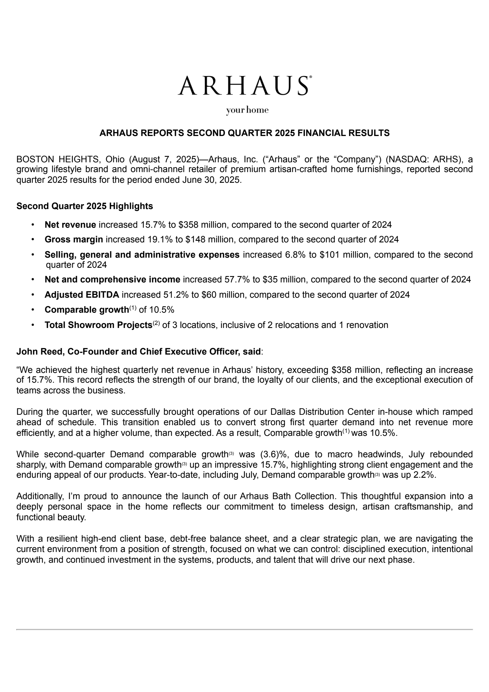 Arhaus' Q2 2025 Press Release