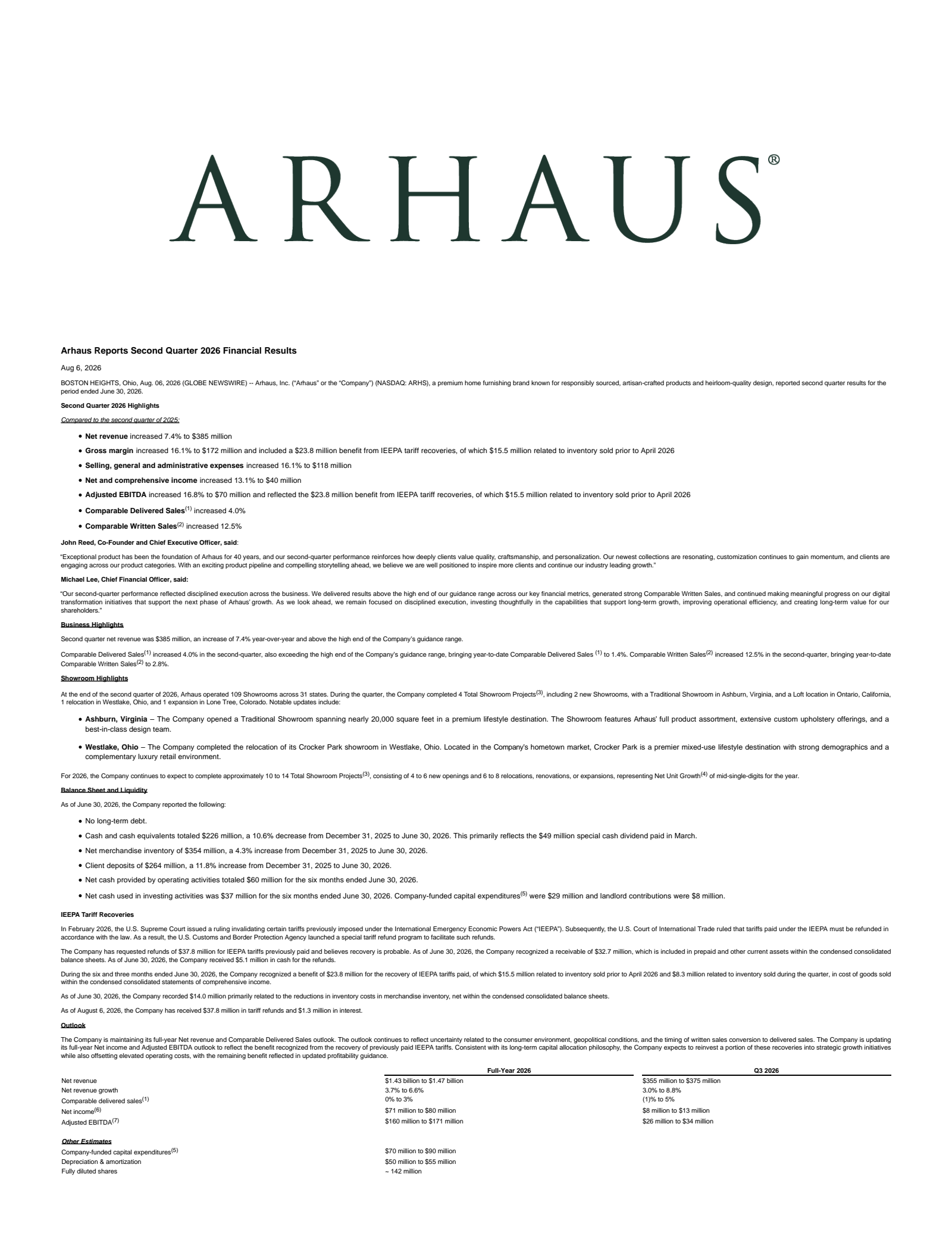 Arhaus' Q2 2026 Press Release