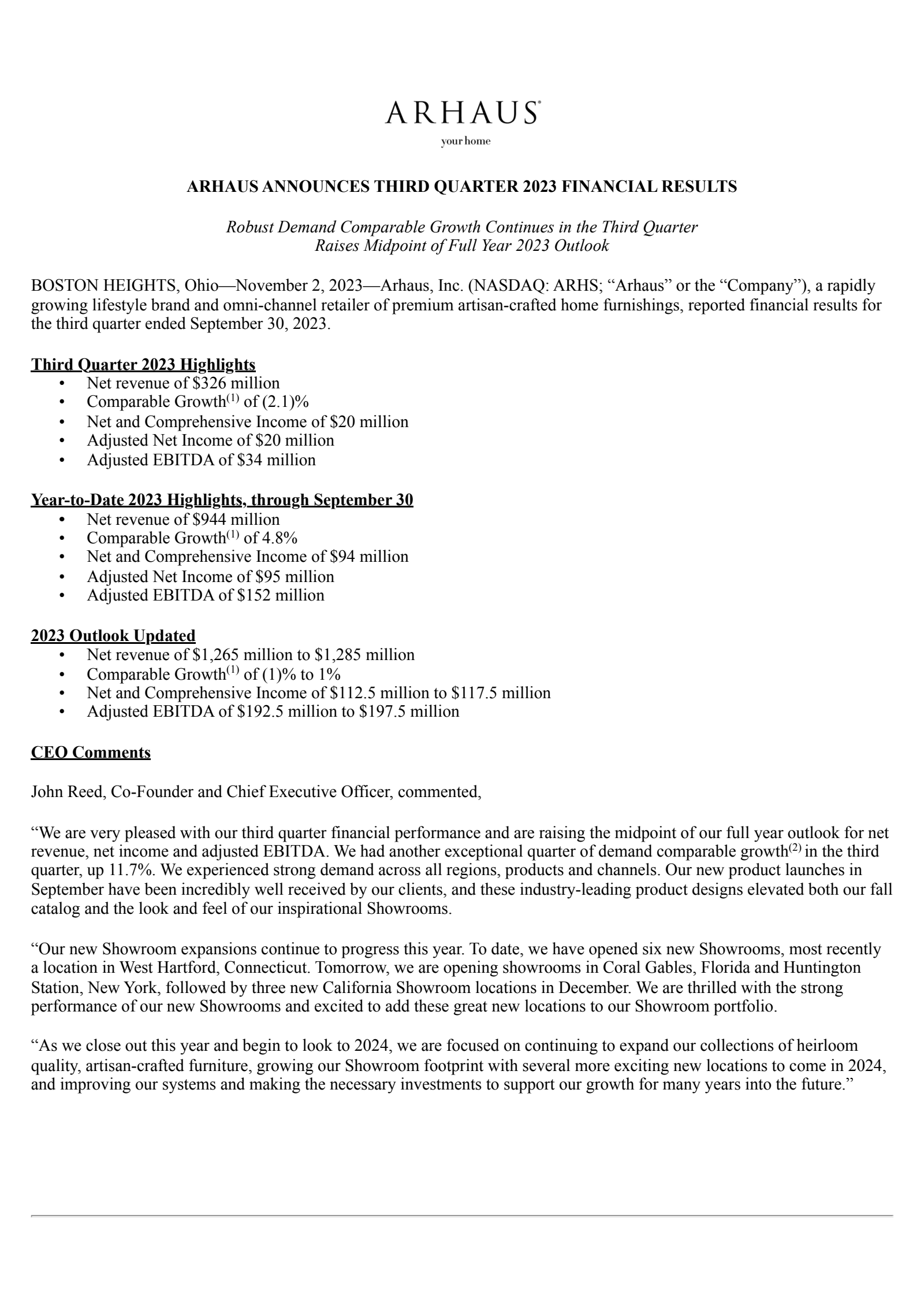 Arhaus' Q3 2023 Press Release