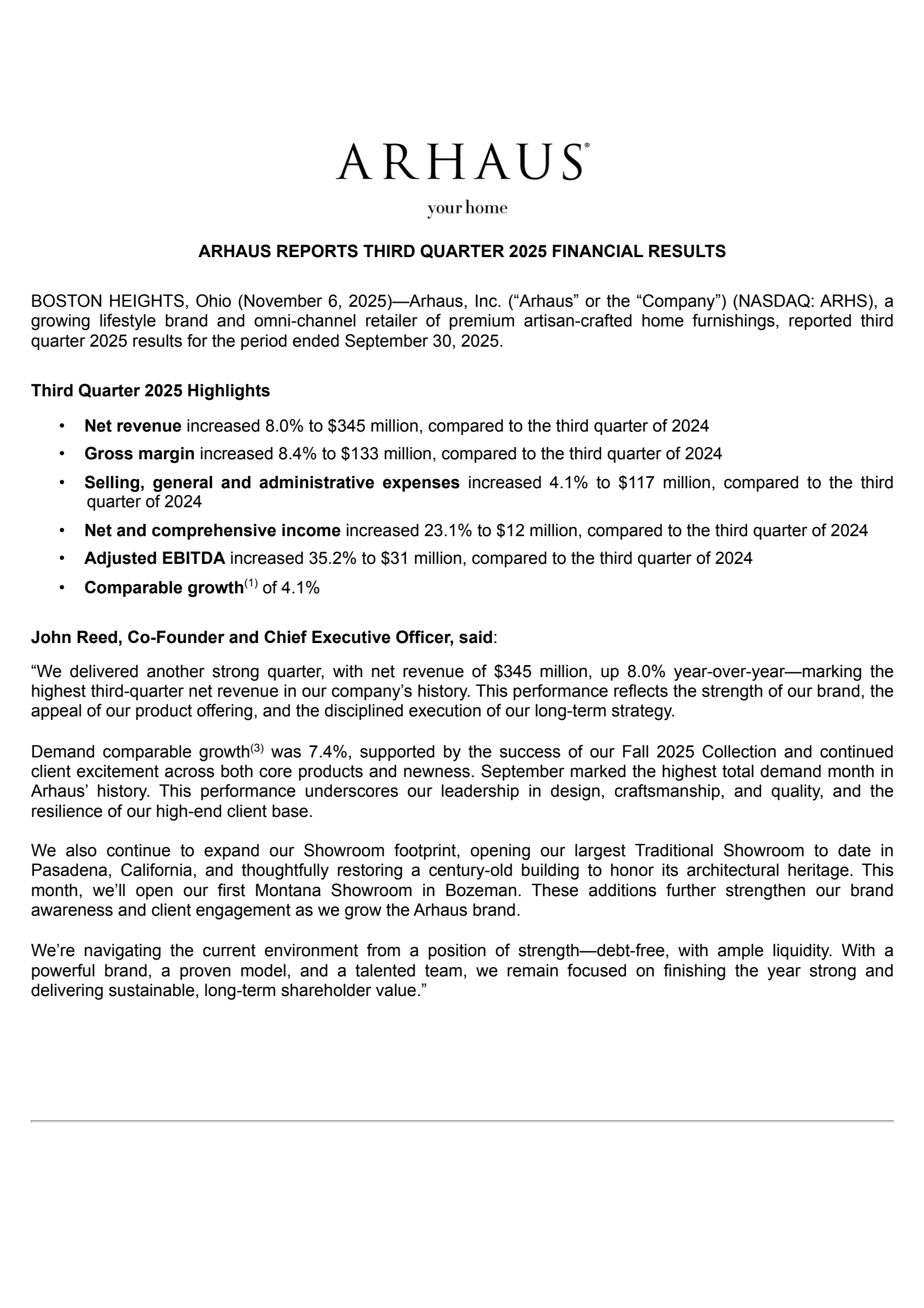 Arhaus' Q3 2025 Earnings Release