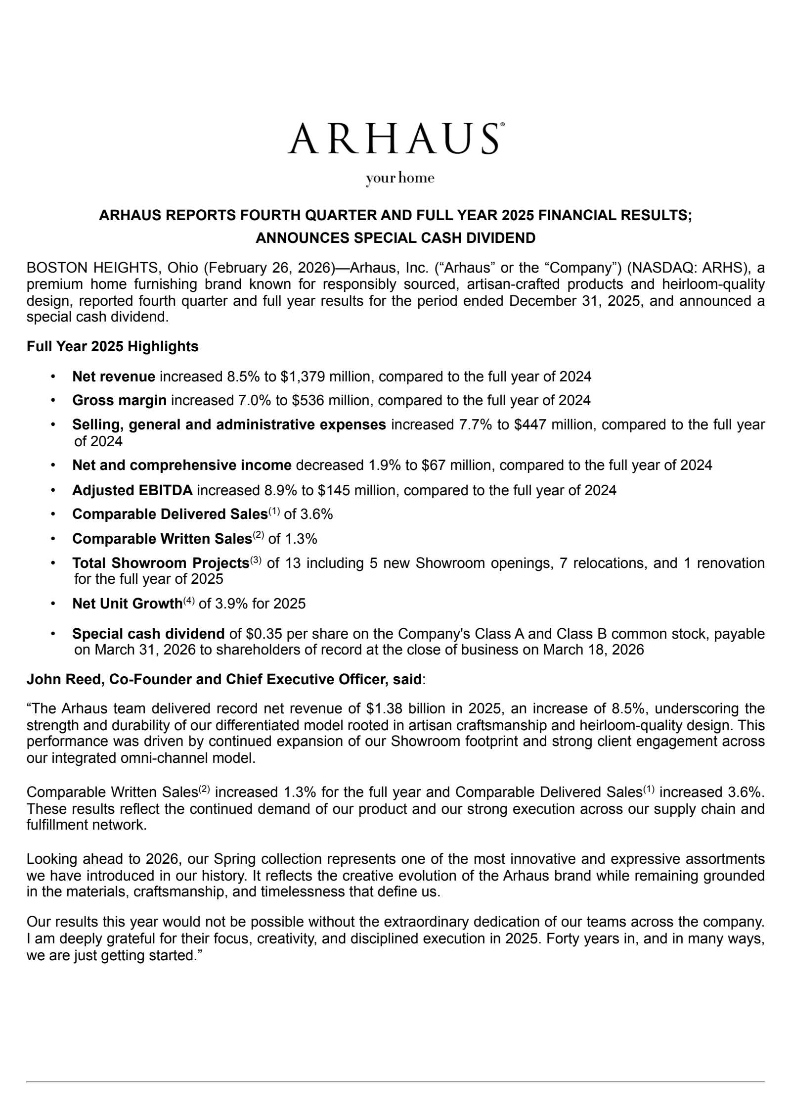 Arhaus' Q4 2025 Press Release