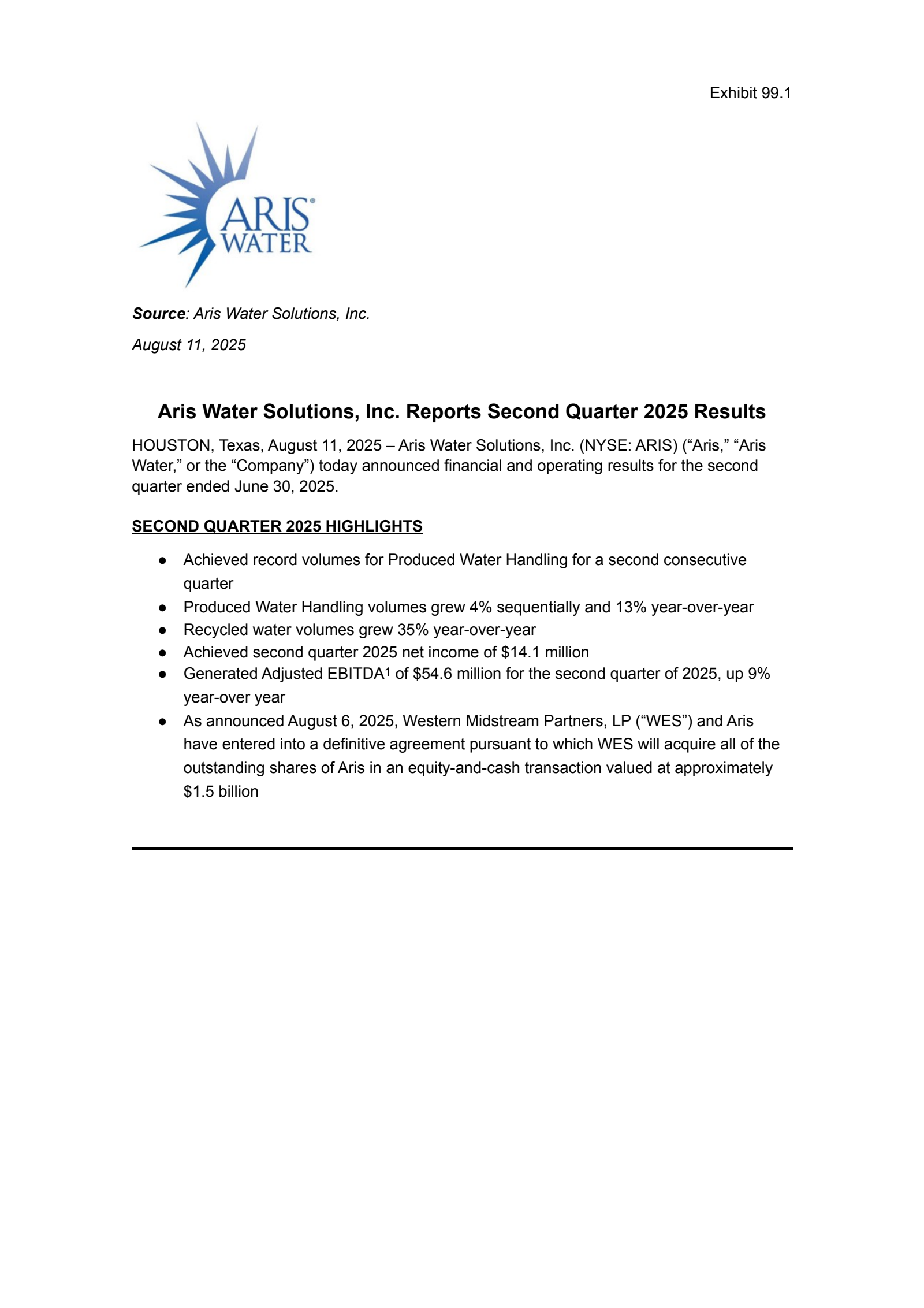 Aris Water Solutions' Q2 2025 Press Release