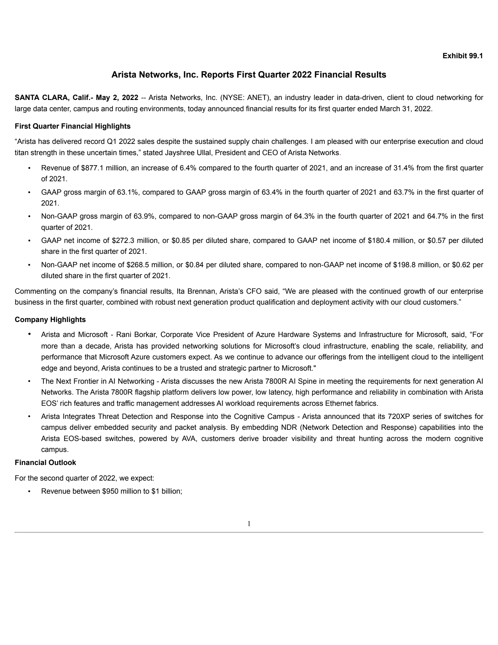 Arista Networks' Q1 2022 Press Release