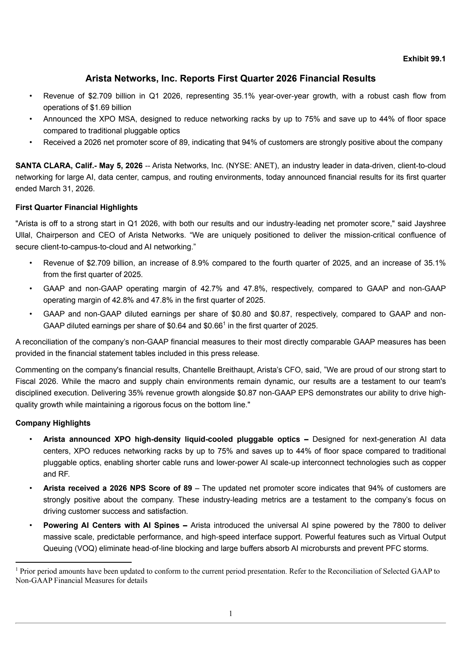 Arista Networks' Q1 2026 Press Release
