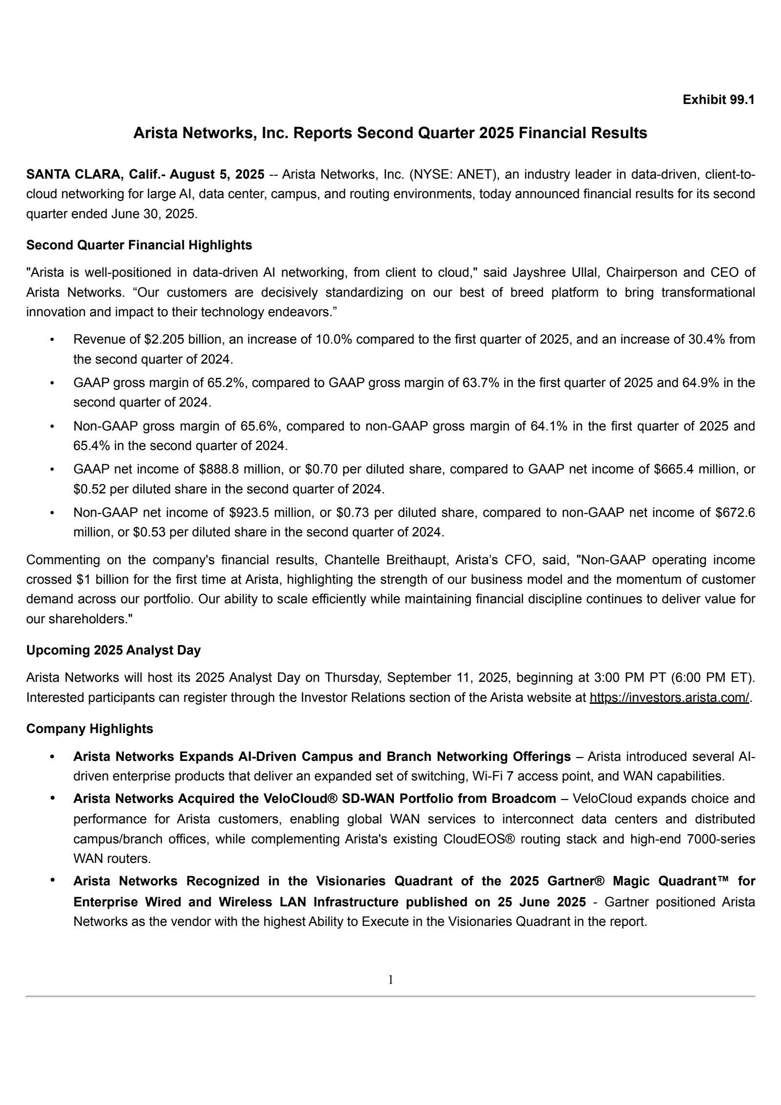 Arista Networks' Q2 2025 Press Release