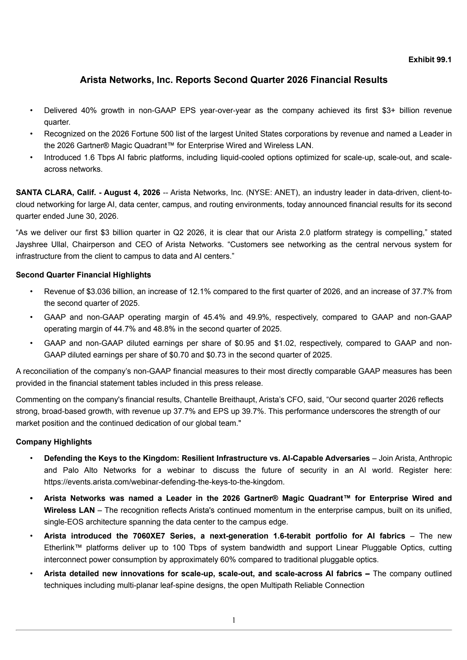 Arista Networks' Q2 2026 Press Release