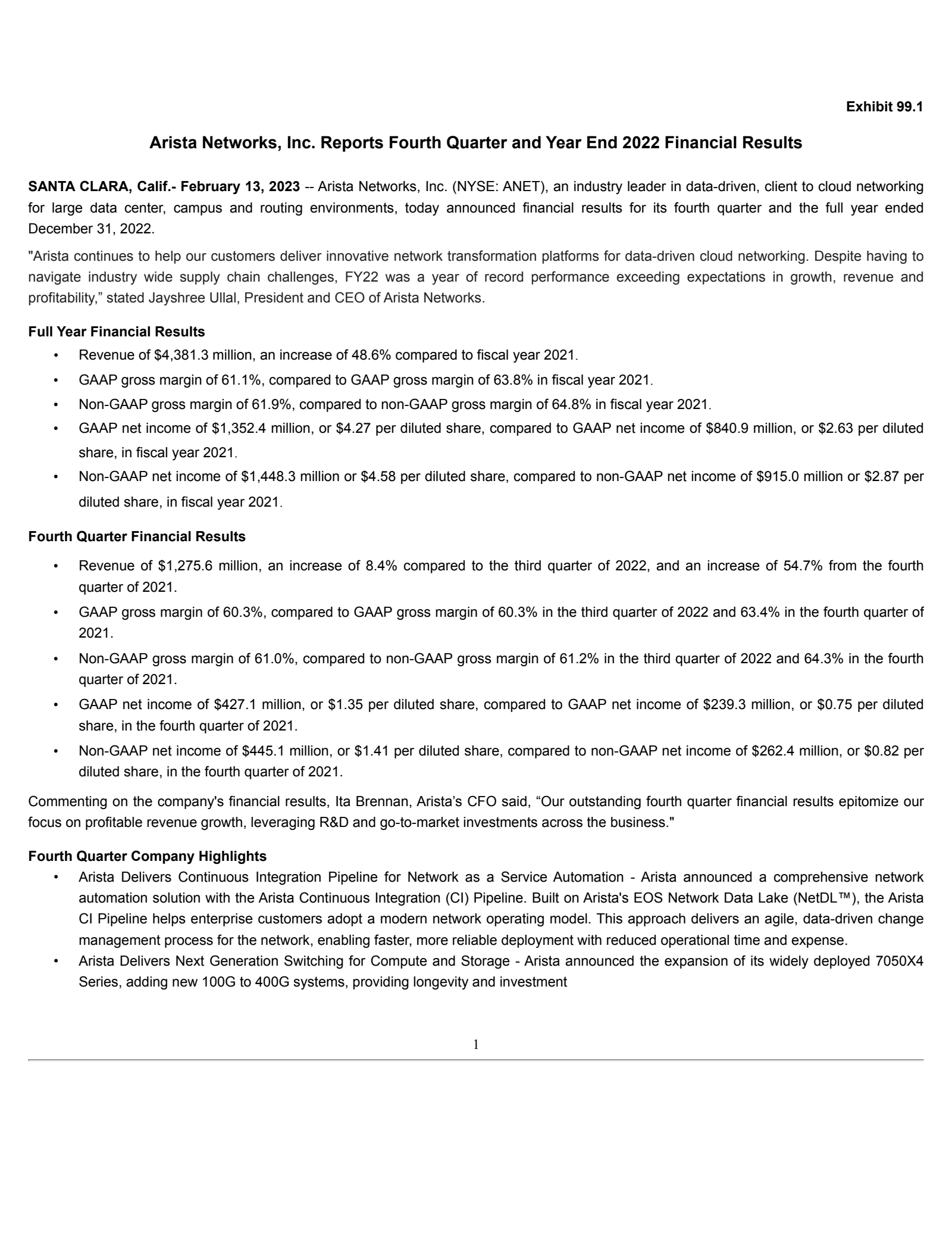 Arista Networks' Q4 2022 Press Release