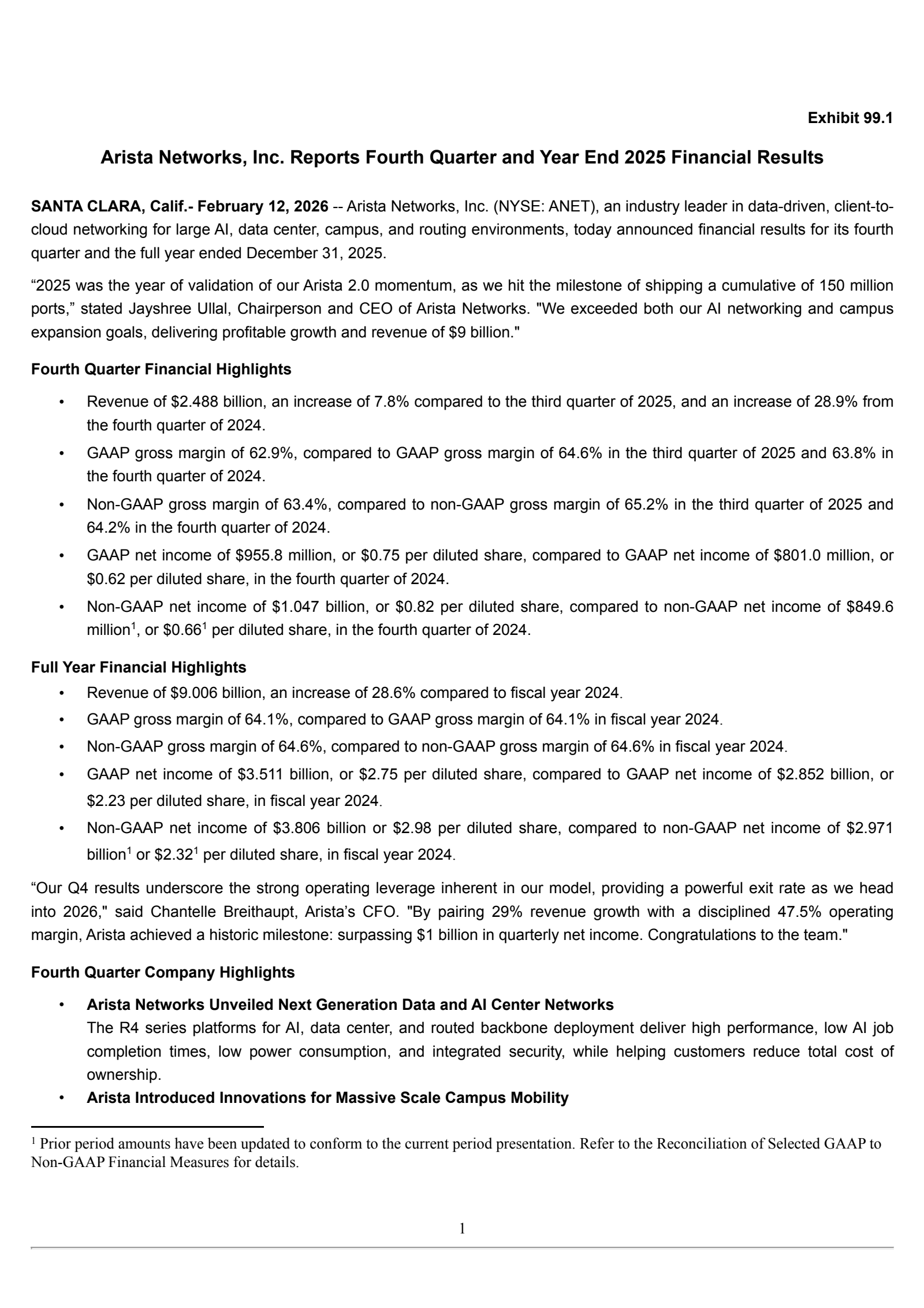 Arista Networks' Q4 2025 Press Release