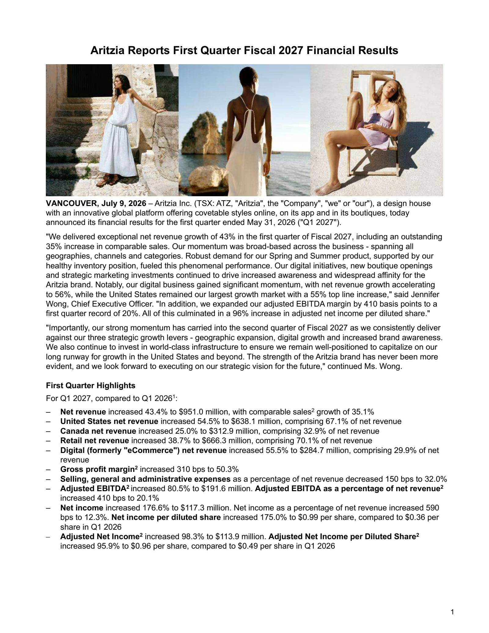 Aritzia's Q1 2027 Press Release