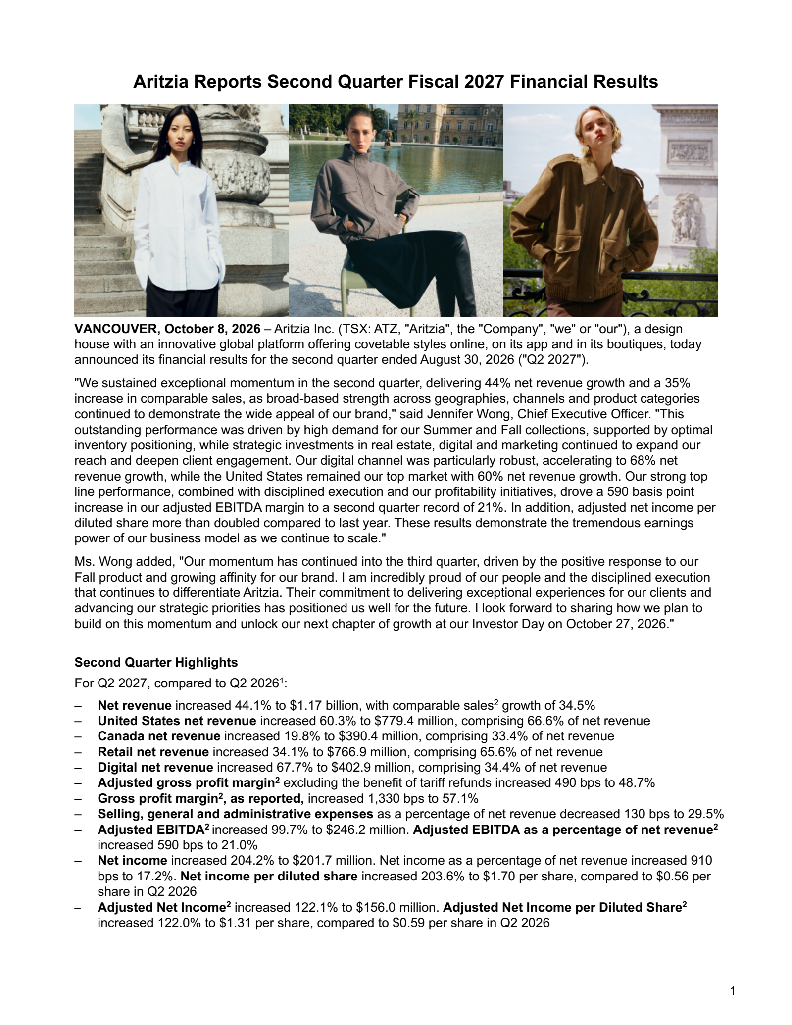 Aritzia's Q2 2027 Press Release