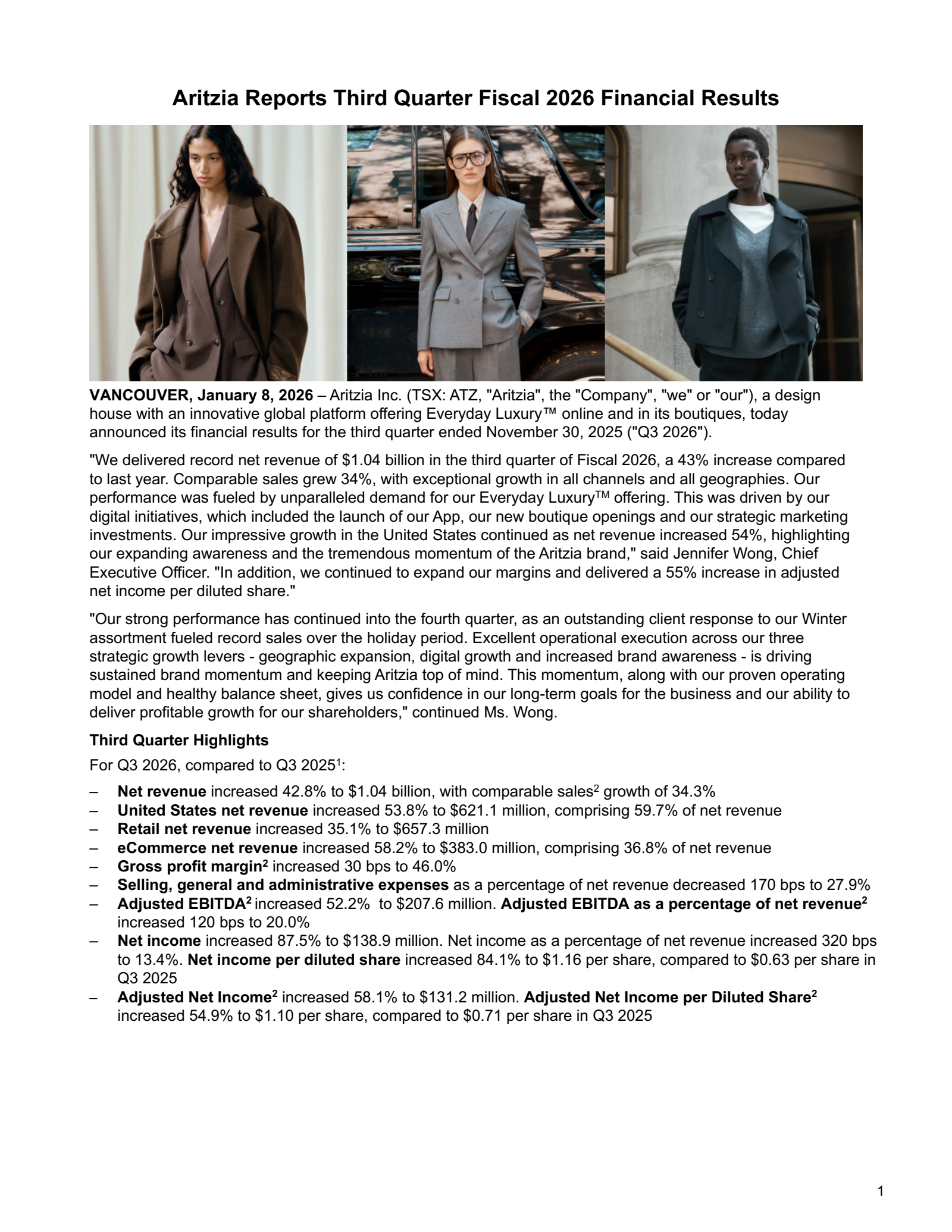 Aritzia's Q3 2026 Press Release