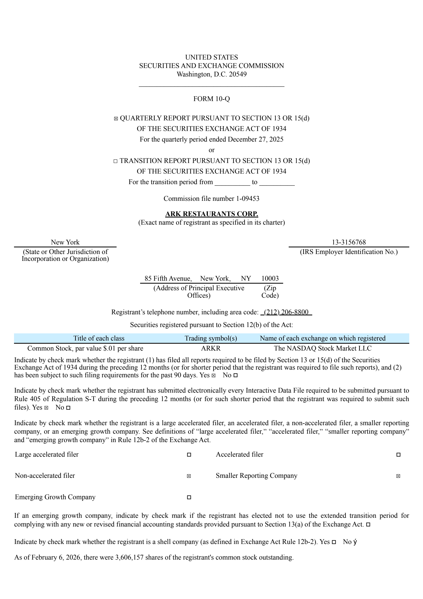 Ark Restaurants' Q1 2026 Quarterly report