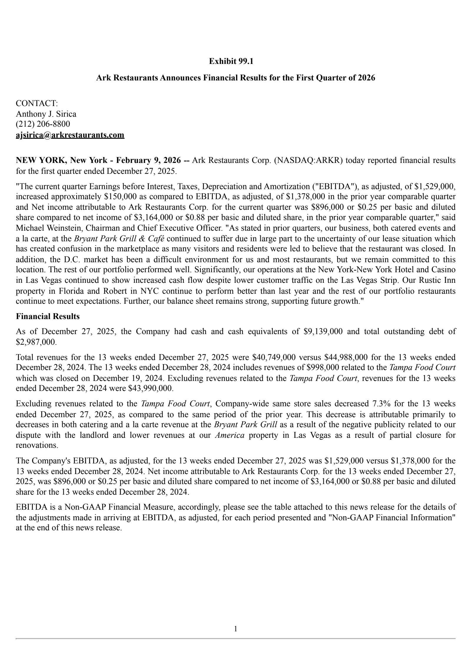 Ark Restaurants' Q1 2026 Press Release