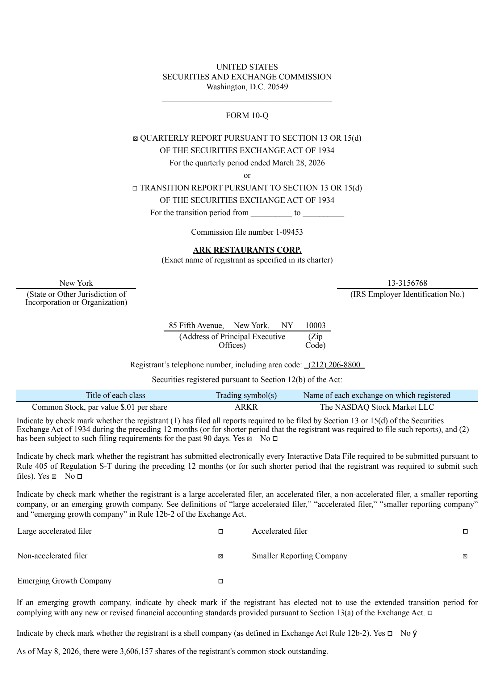 Ark Restaurants' Q2 2026 Quarterly report