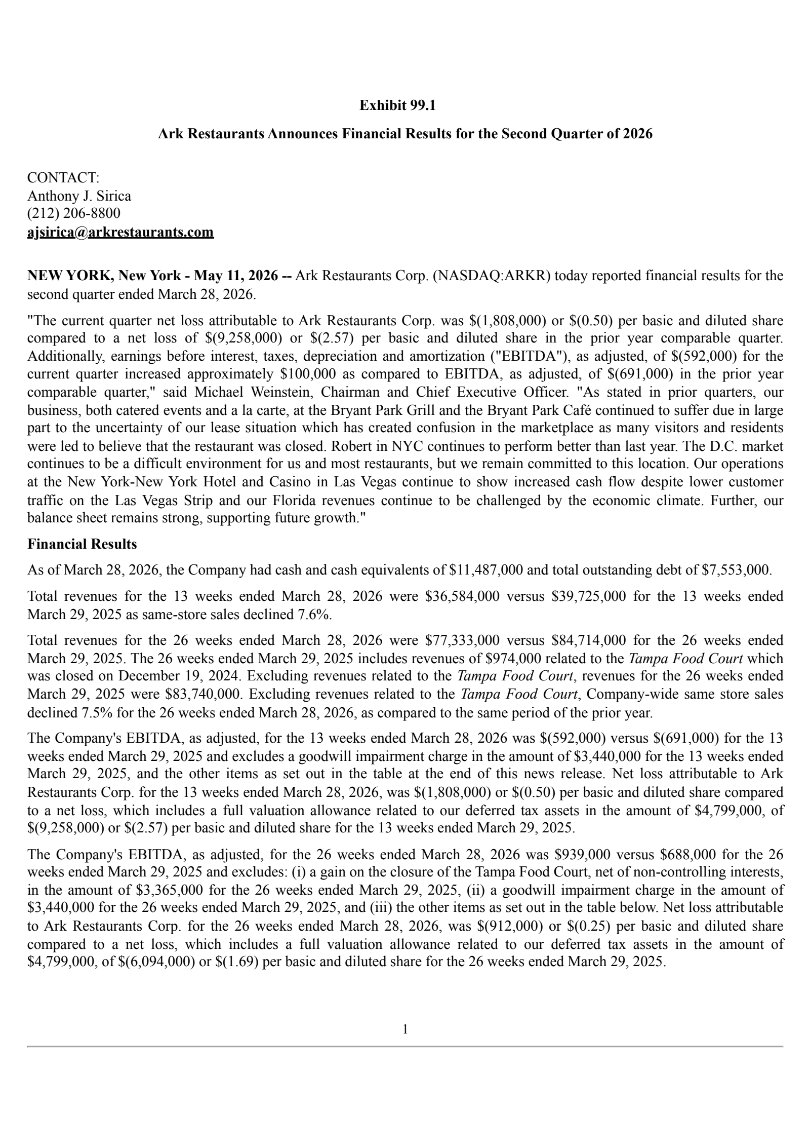 Ark Restaurants' Q2 2026 Press Release