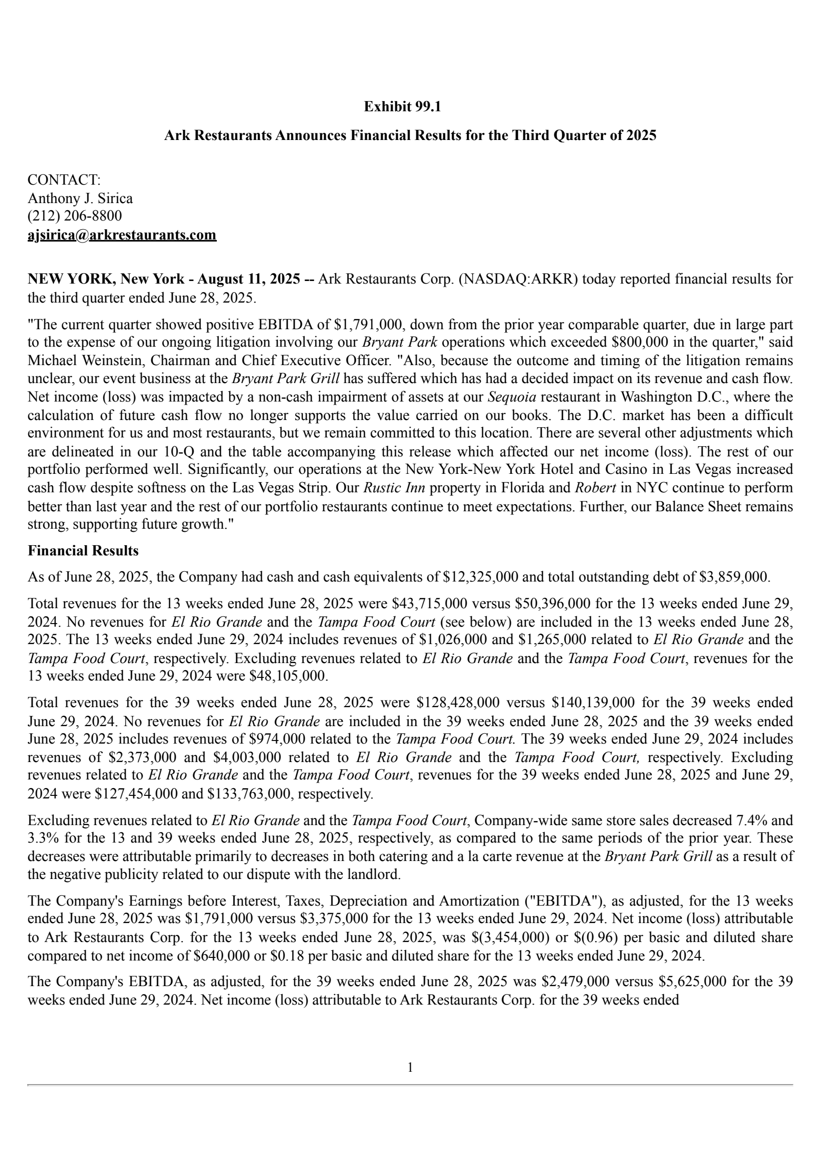Ark Restaurants' Q3 2025 Press Release