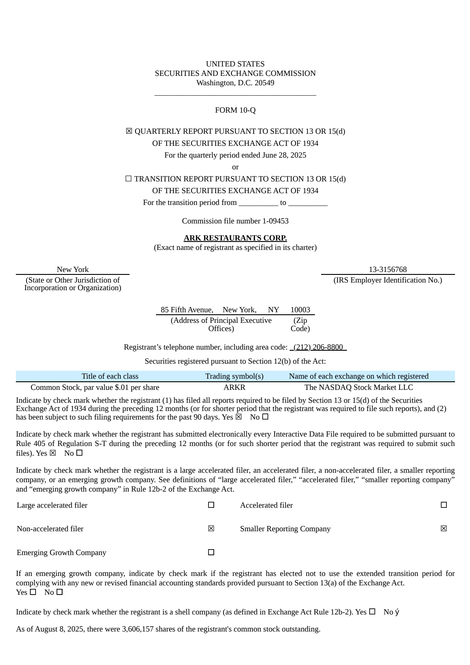 Ark Restaurants' Q3 2025 Quarterly report