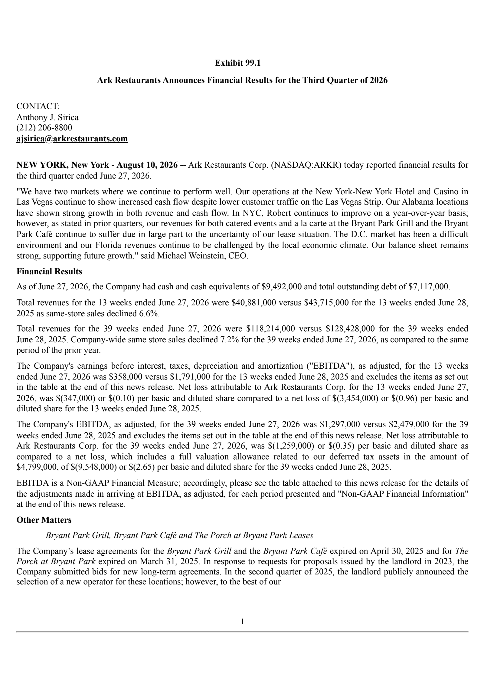 Ark Restaurants' Q3 2026 Press Release