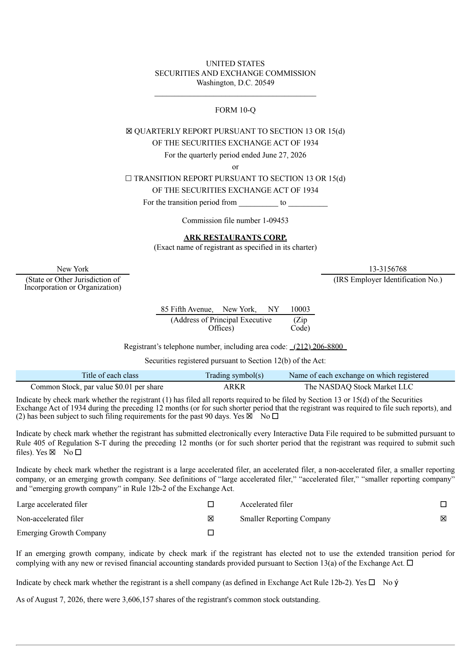 Ark Restaurants' Q3 2026 Quarterly report