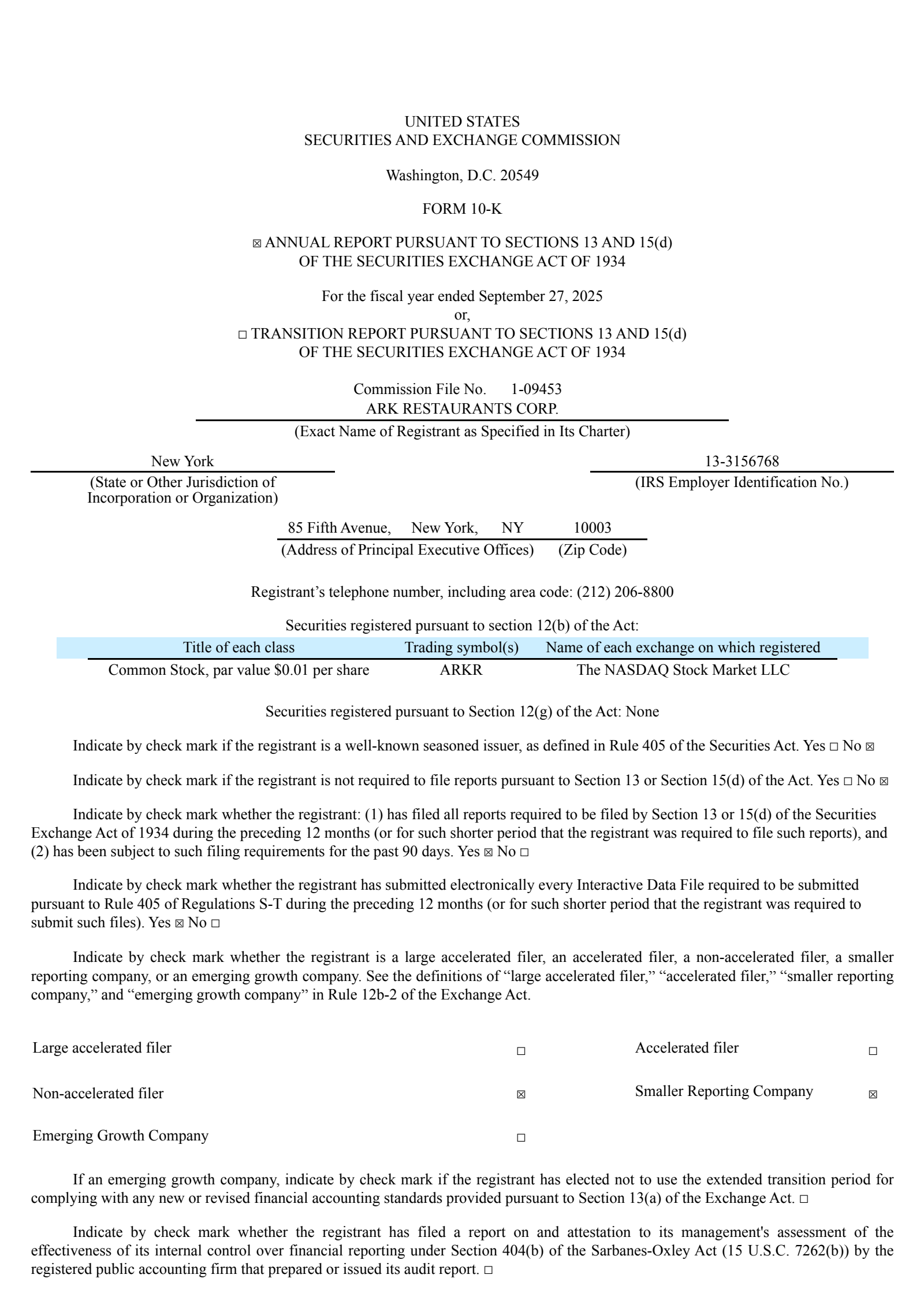 Ark Restaurants' Q4 2025 Annual Report