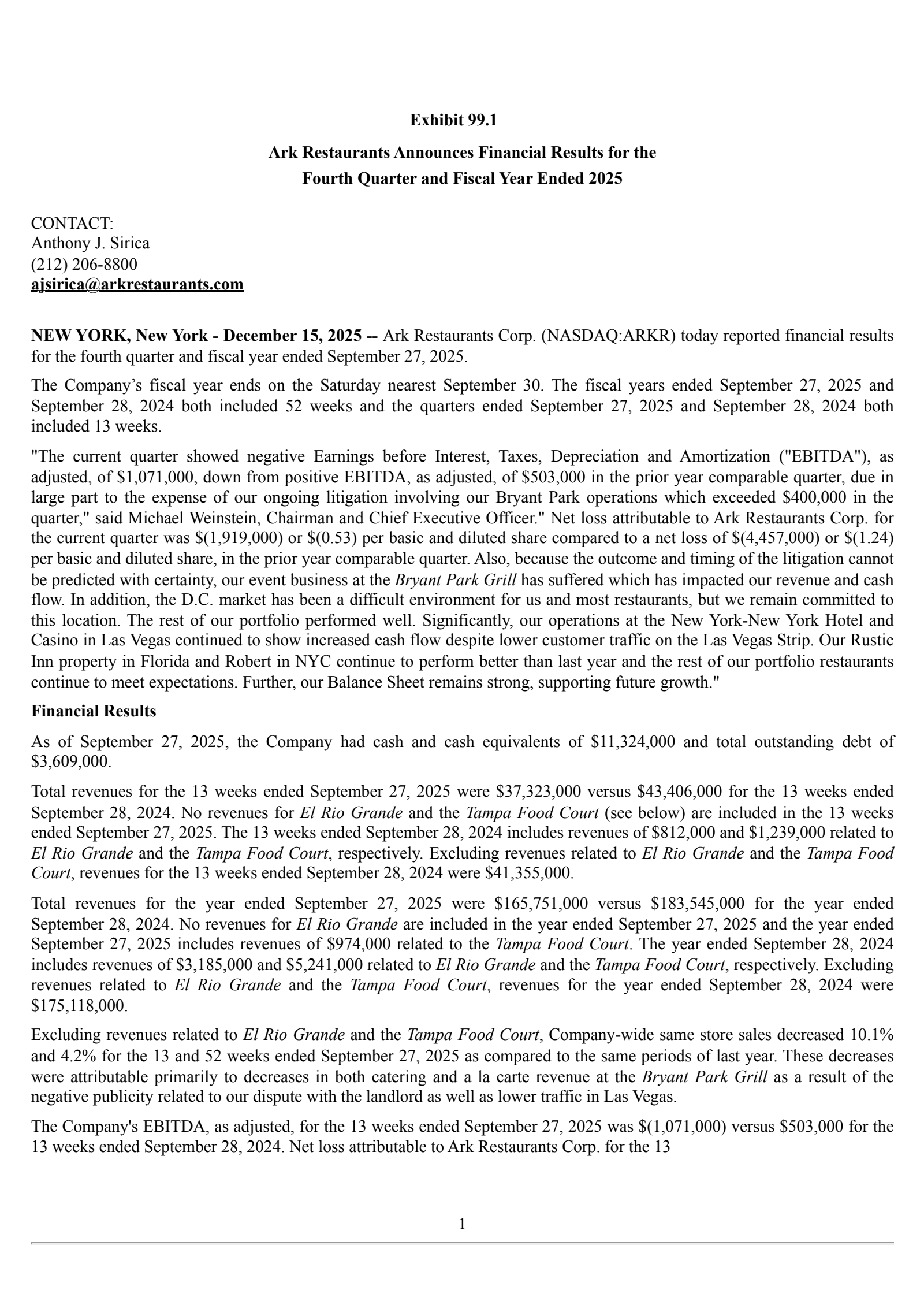 Ark Restaurants' Q4 2025 Earnings Release