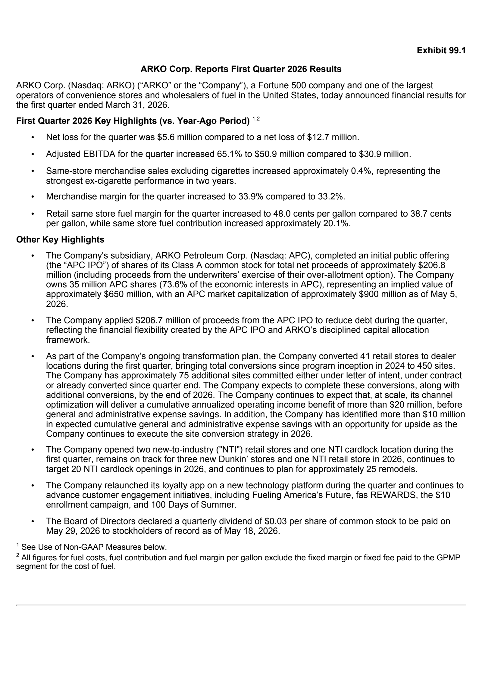 ARKO's Q1 2026 Press Release