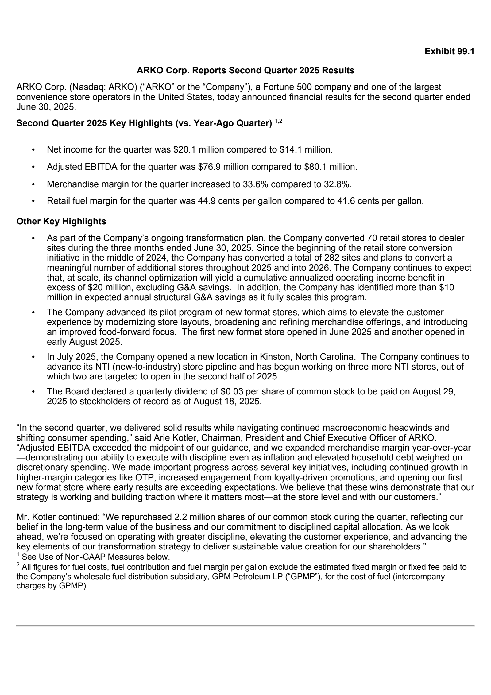 ARKO's Q2 2025 Press Release