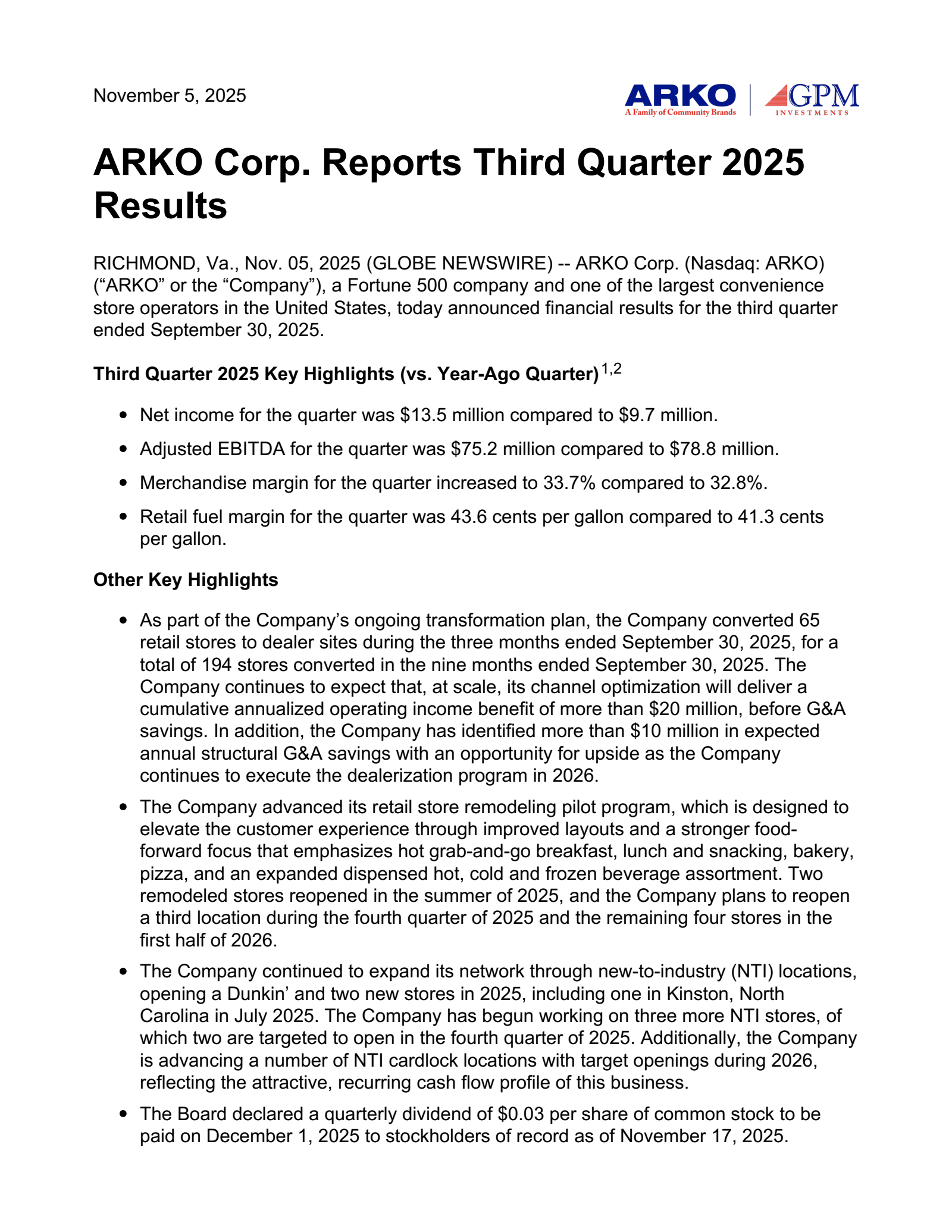 ARKO's Q3 2025 Earnings Release