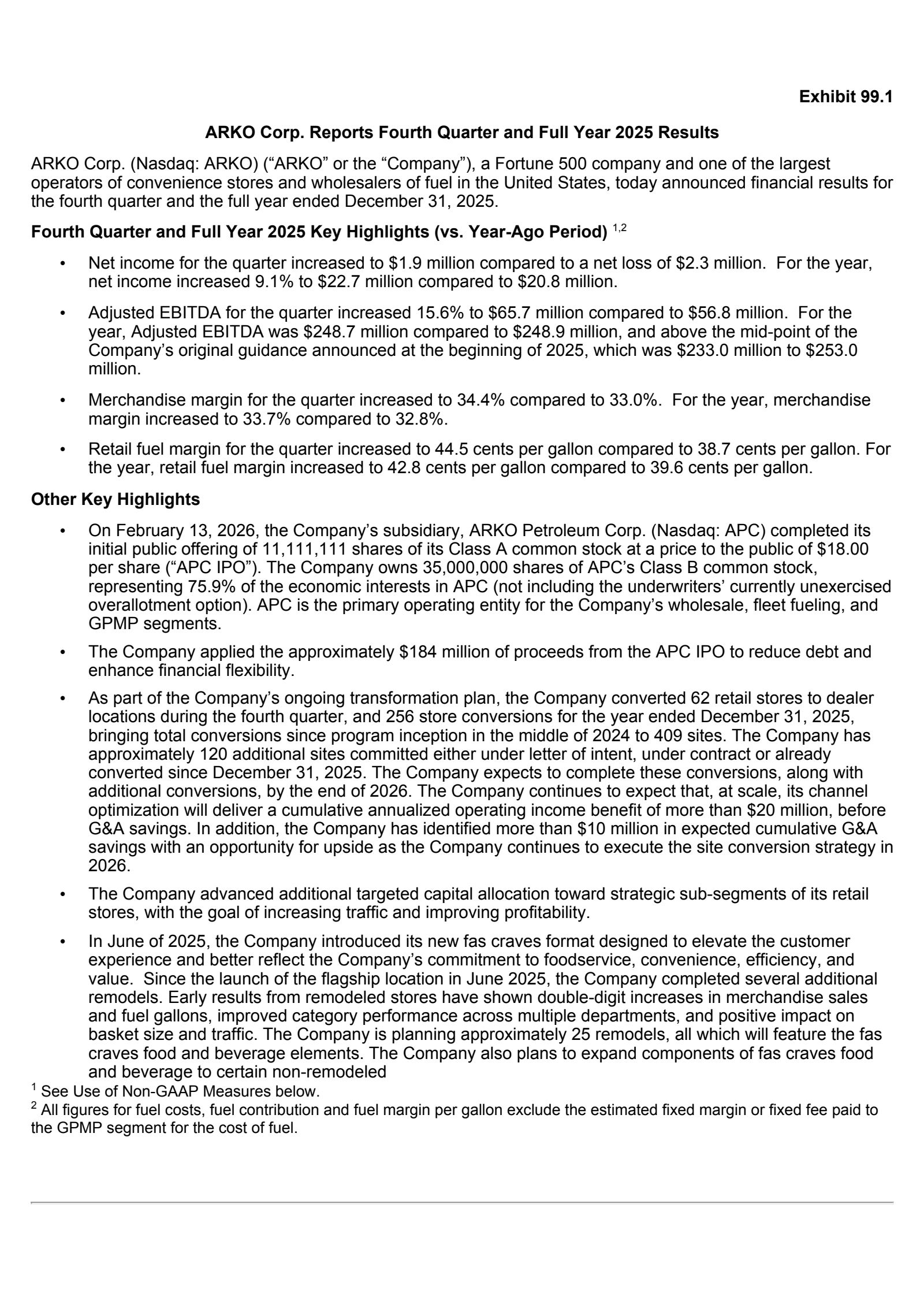 ARKO's Q4 2025 Press Release
