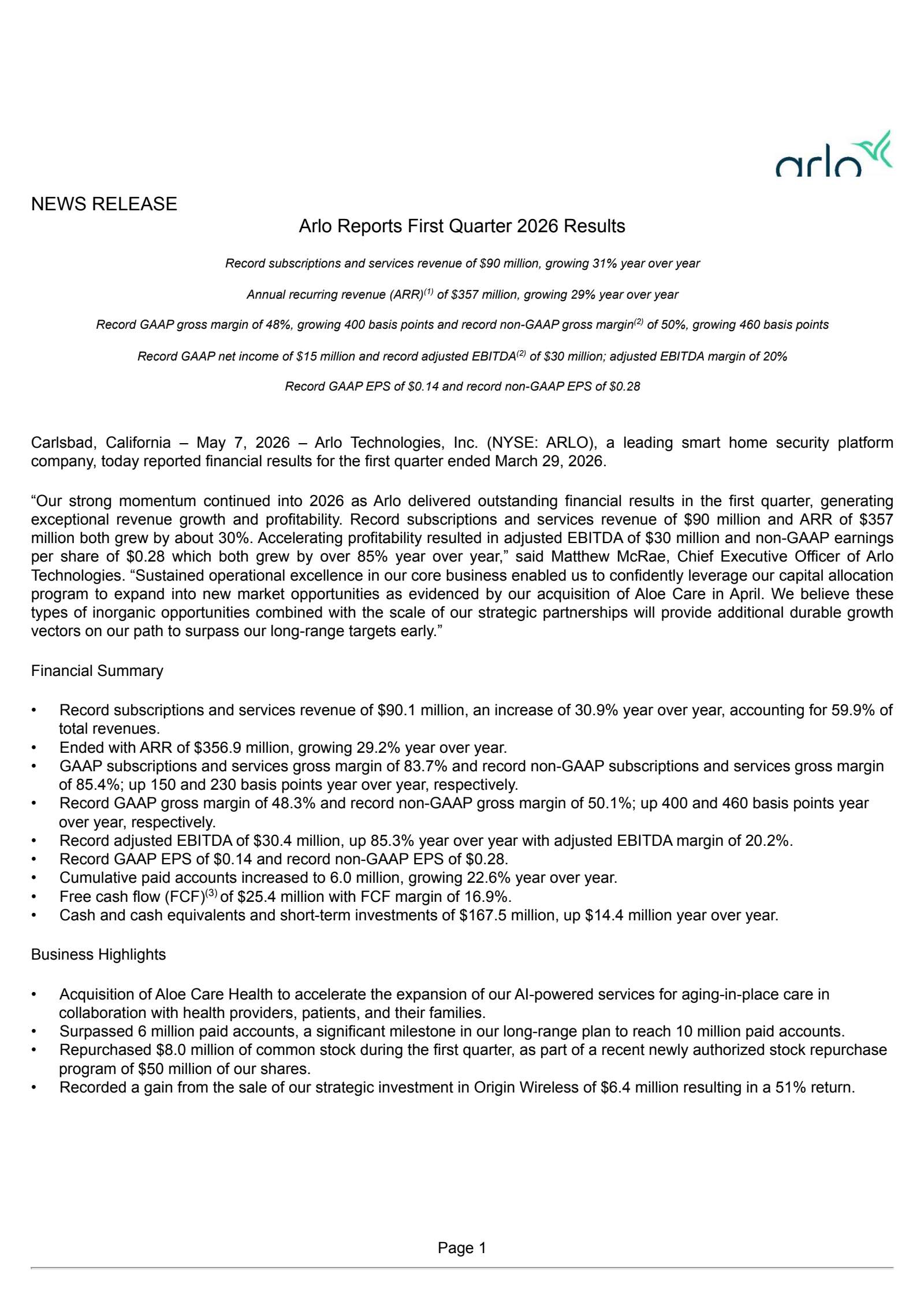 Arlo Technologies' Q1 2026 Press Release