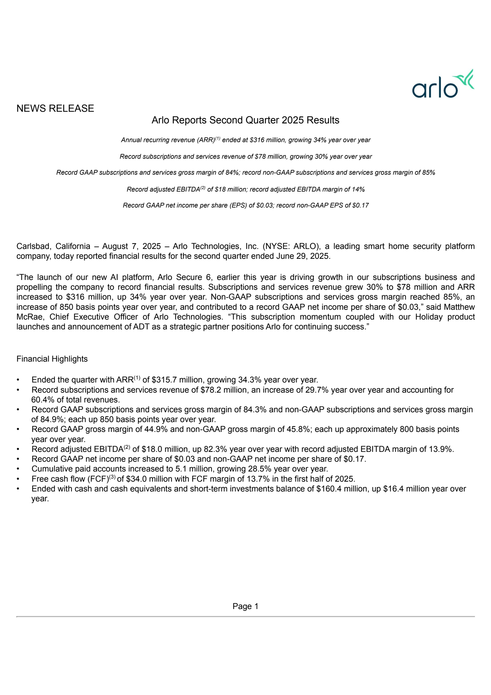 Arlo Technologies' Q2 2025 Press Release