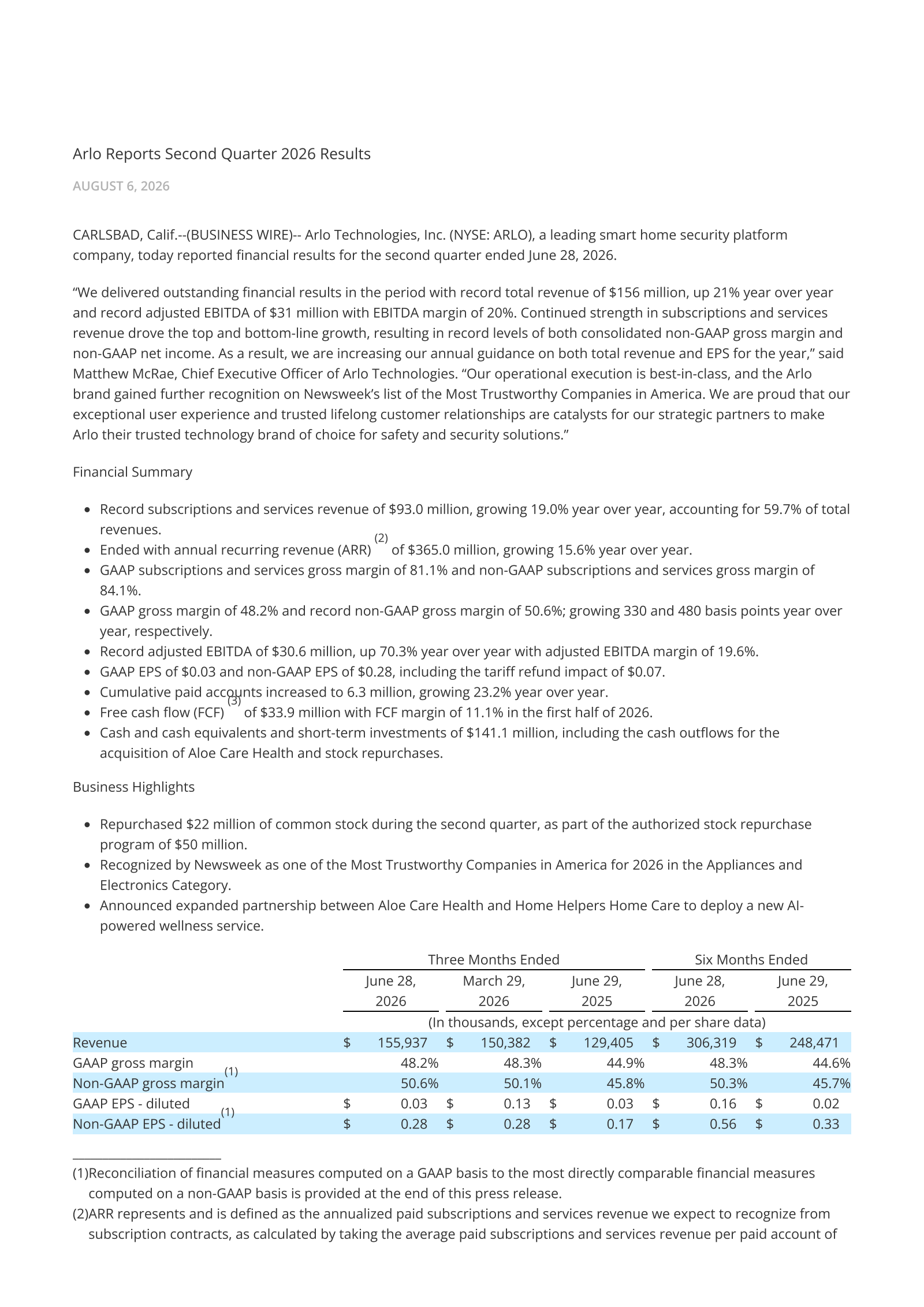 Arlo Technologies' Q2 2026 Press Release