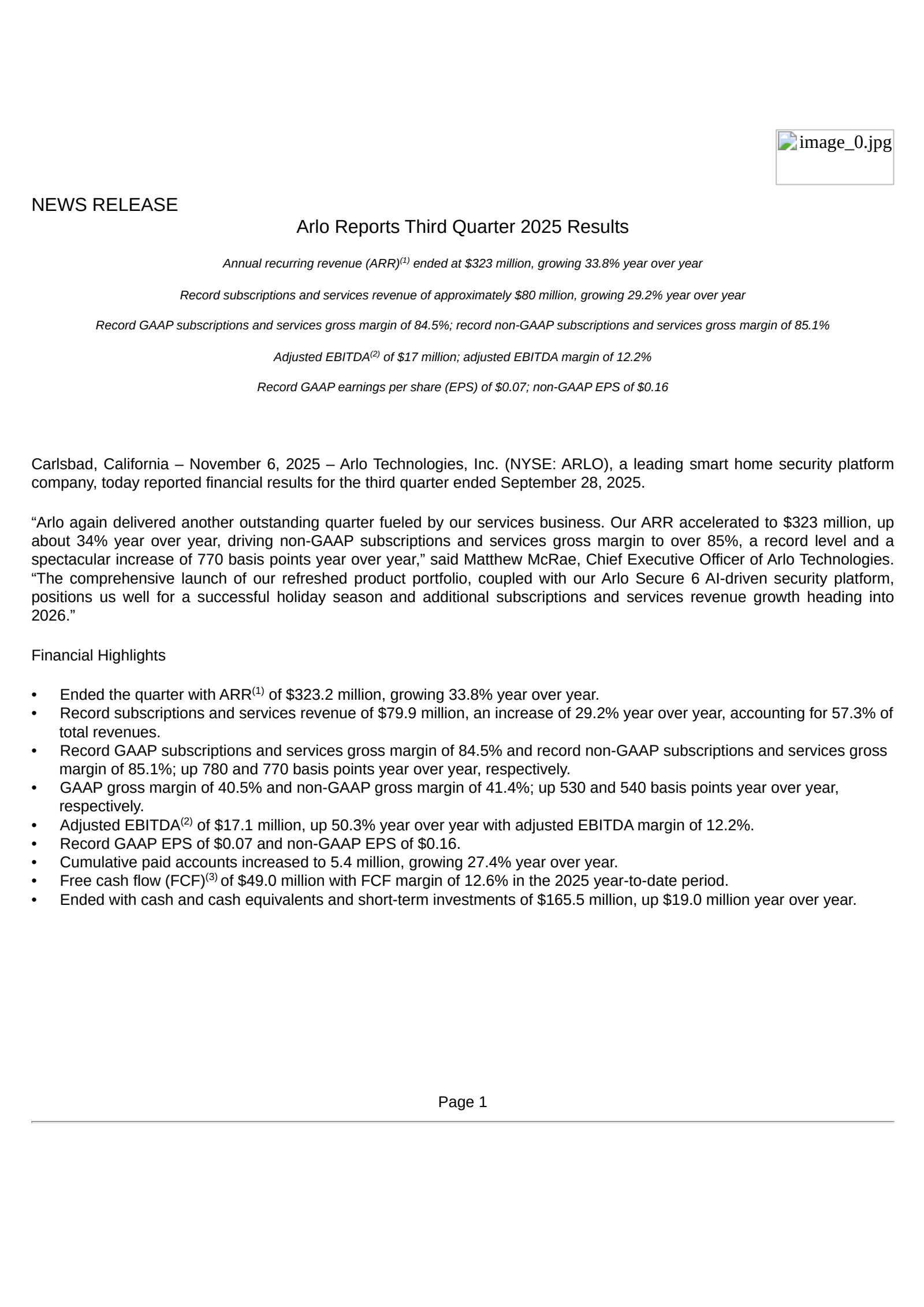 Arlo Technologies' Q3 2025 Earnings Release