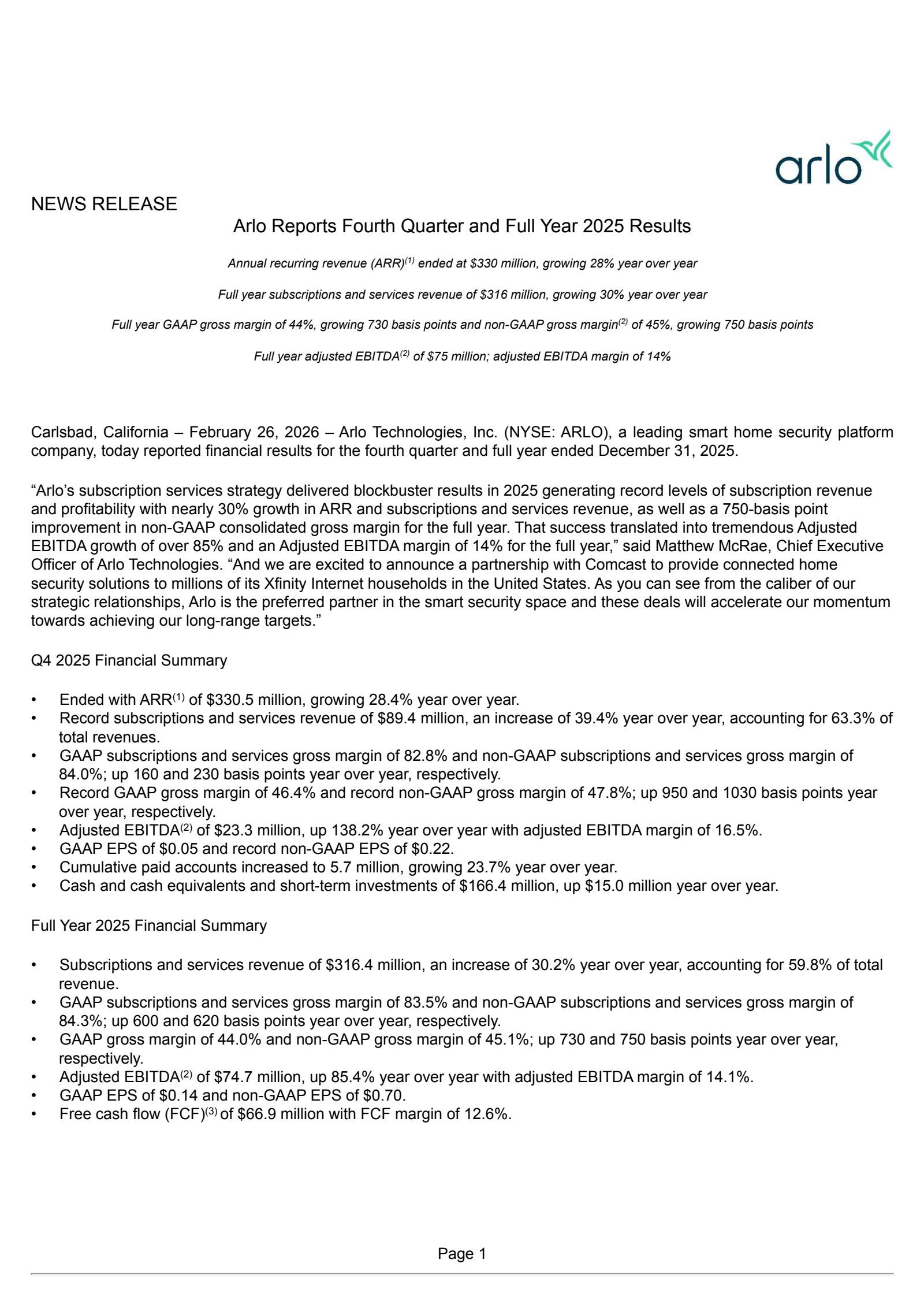 Arlo Technologies' Q4 2025 Press Release
