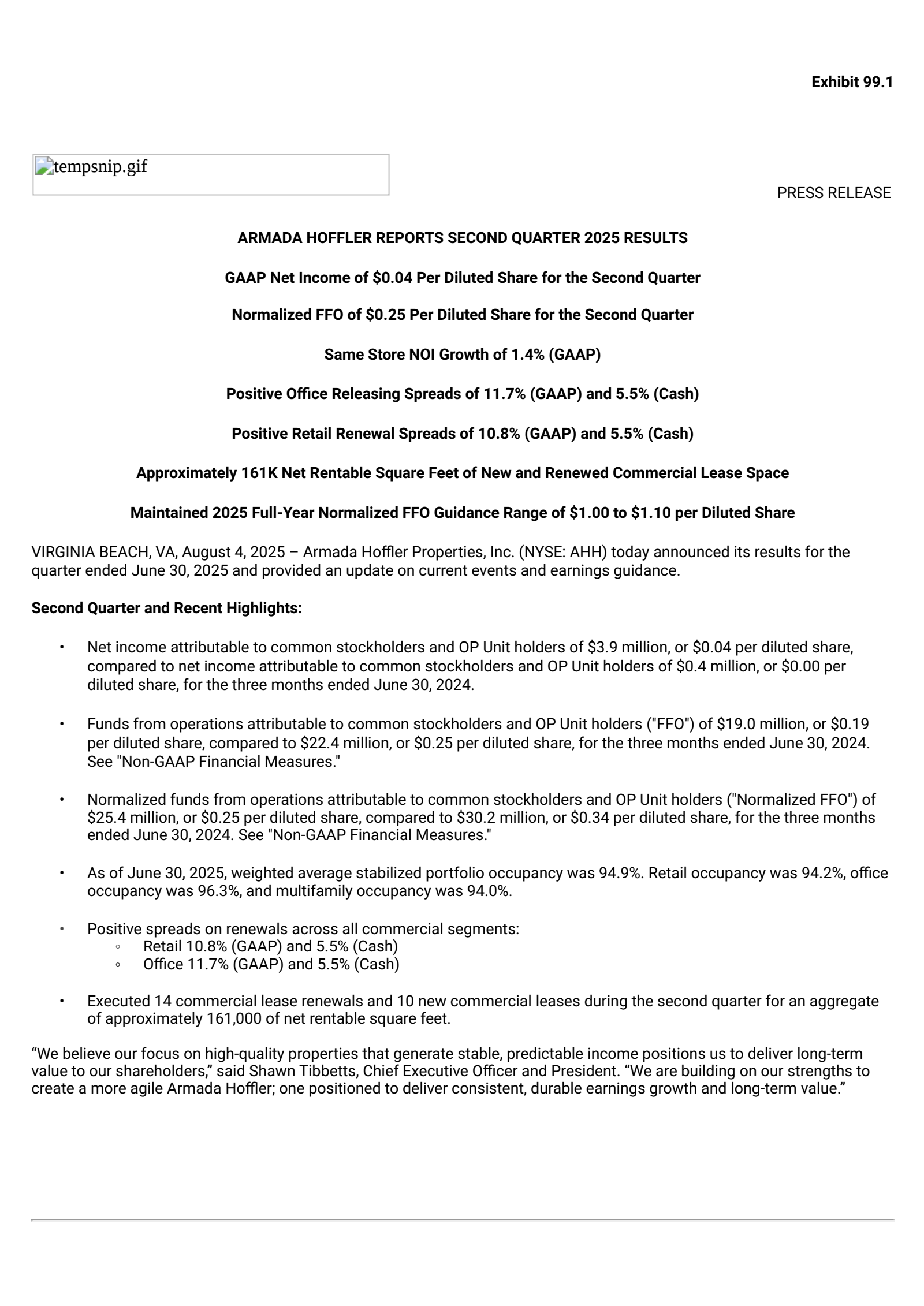 Armada Hoffler Properties' Q2 2025 Press Release