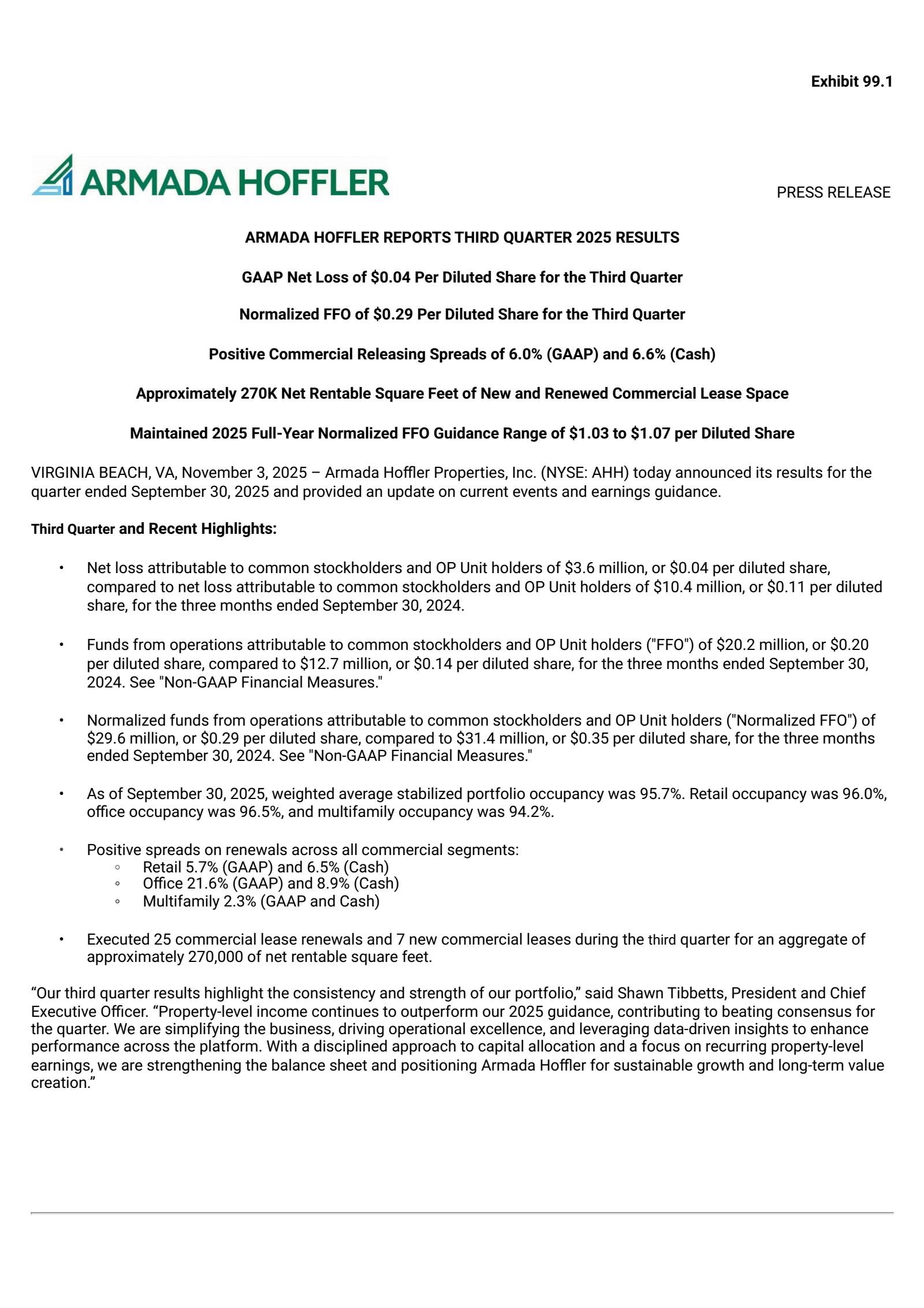 Armada Hoffler Properties' Q3 2025 Earnings Release