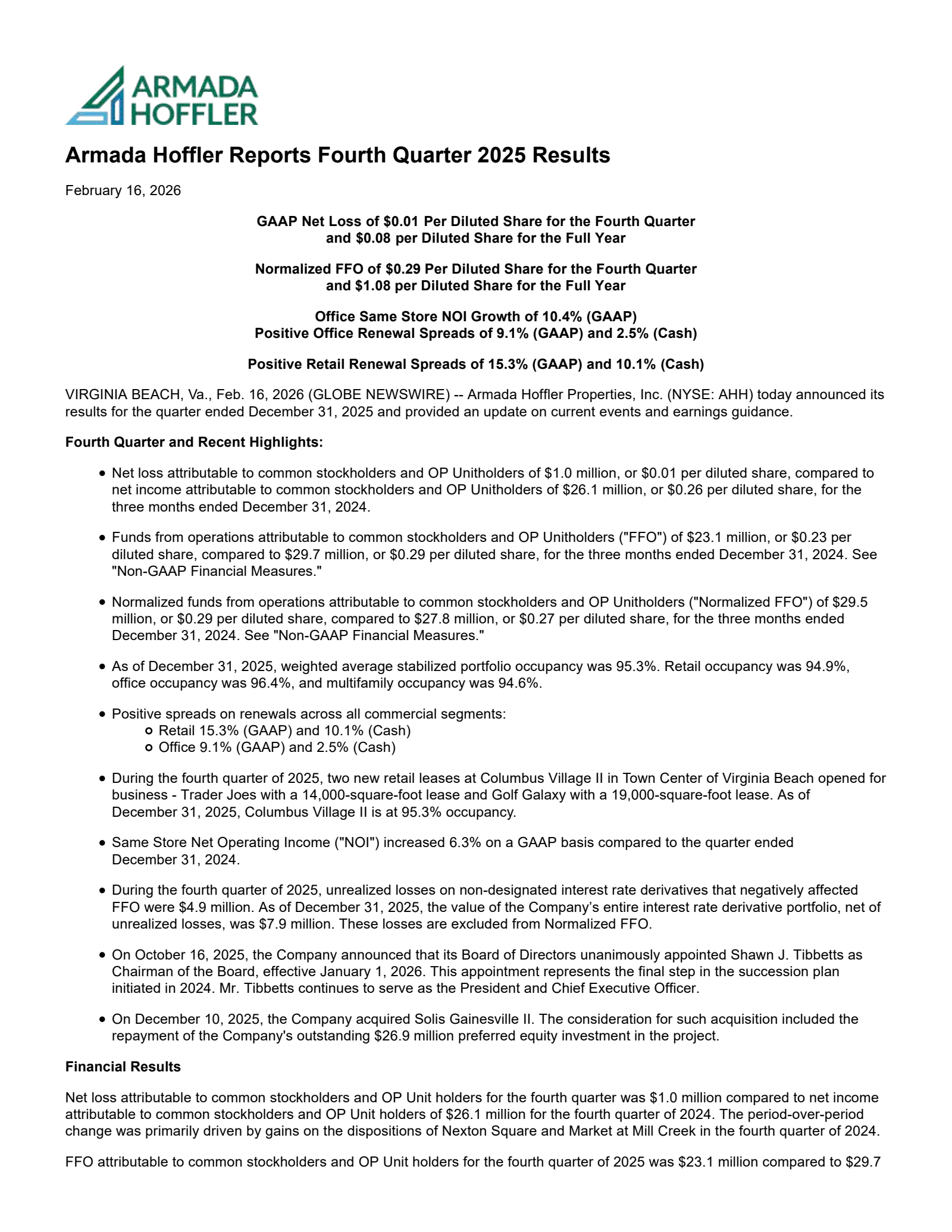 Armada Hoffler Properties' Q4 2025 Press Release