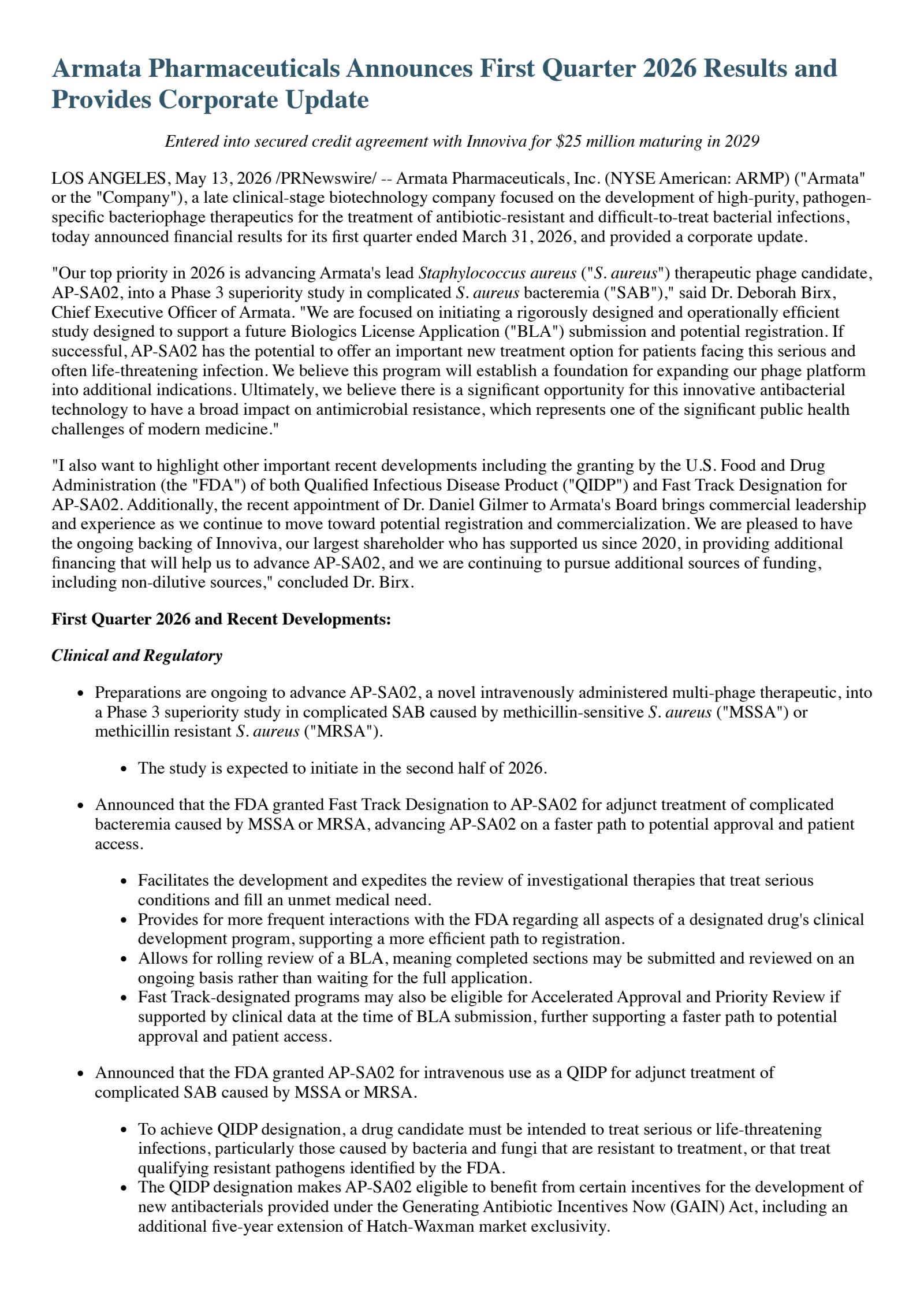 Armata Pharmaceuticals' Q1 2026 Press Release