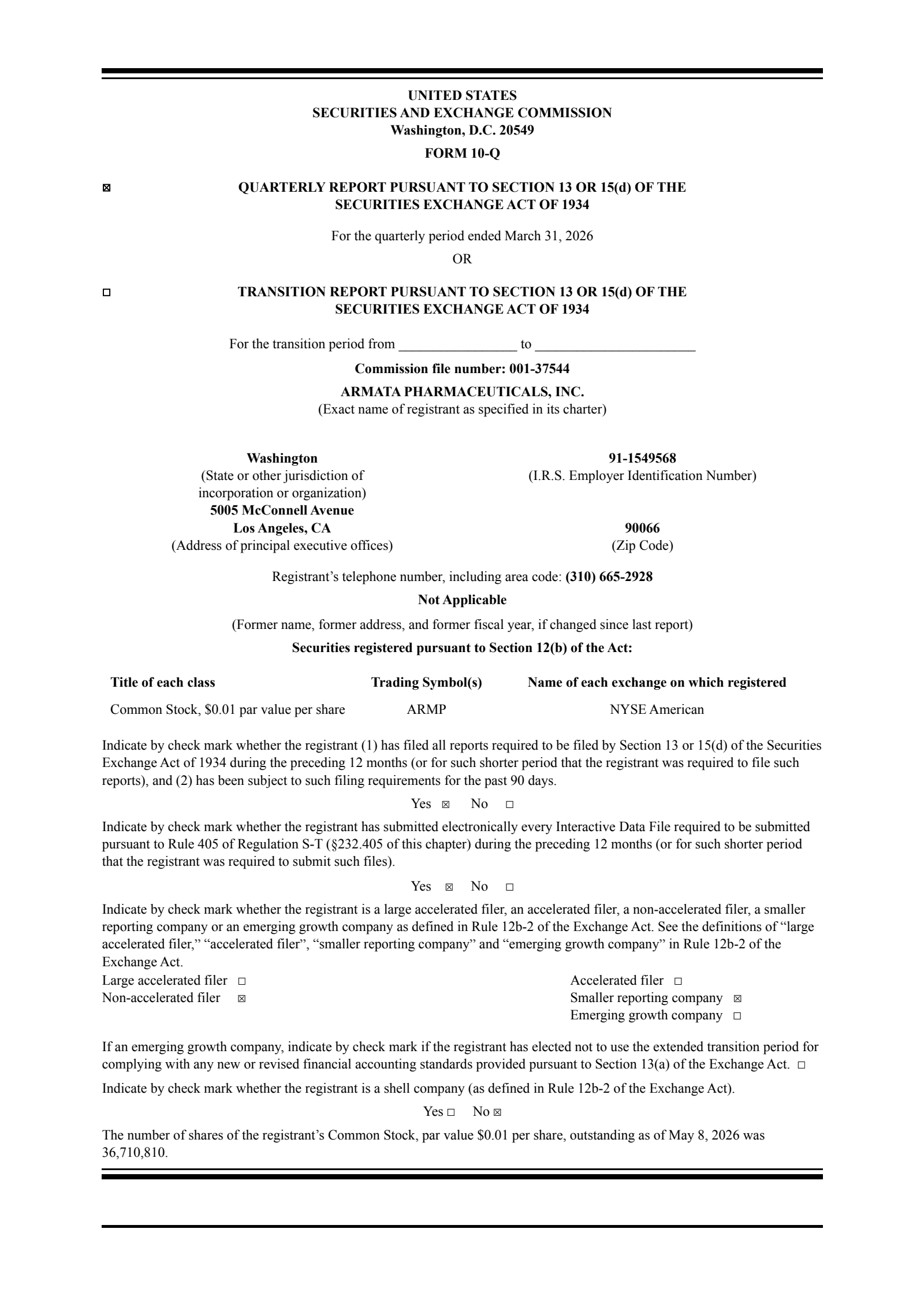 Armata Pharmaceuticals' Q1 2026 Quarterly report