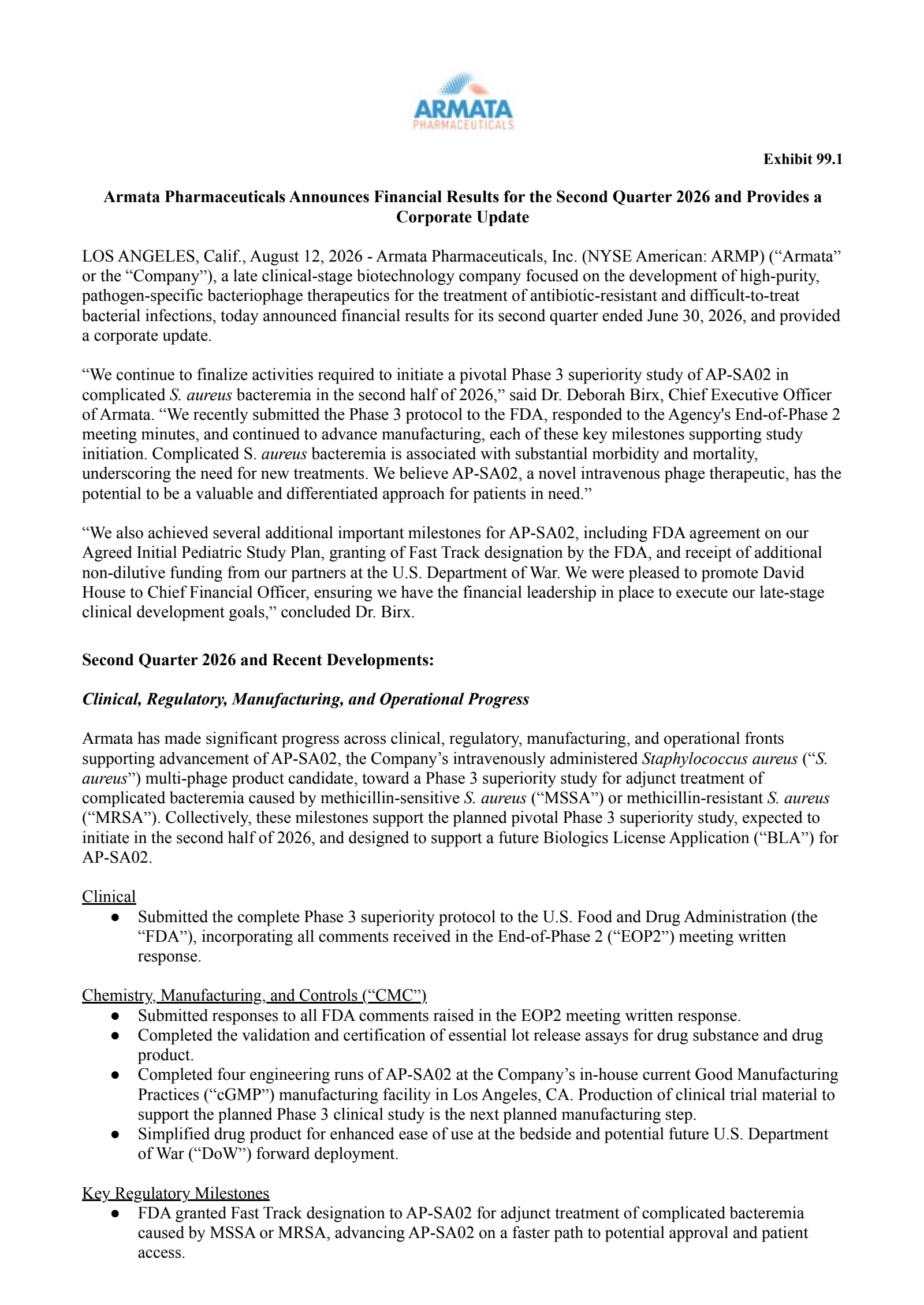 Armata Pharmaceuticals' Q2 2026 Press Release