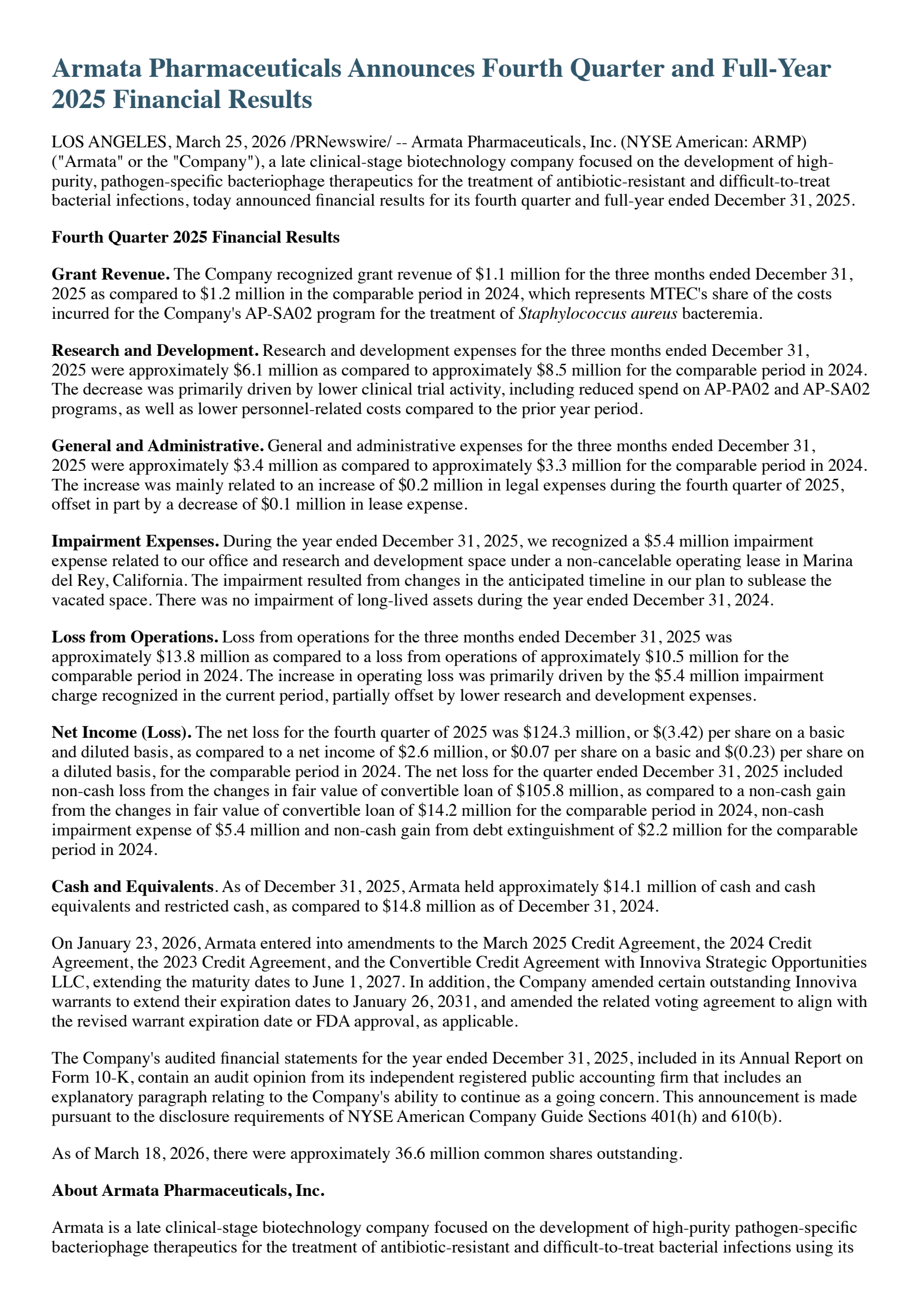 Armata Pharmaceuticals' Q4 2025 Press Release