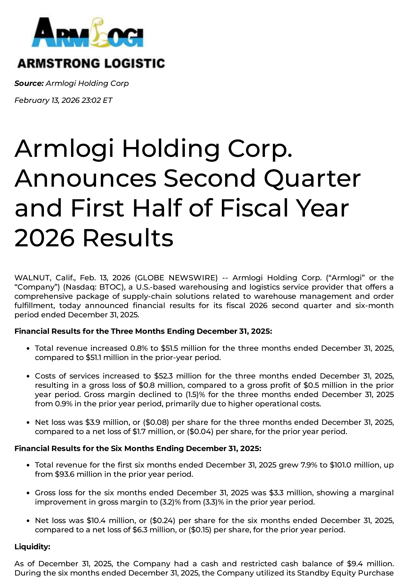 Armlogi's Q2 2026 Press Release