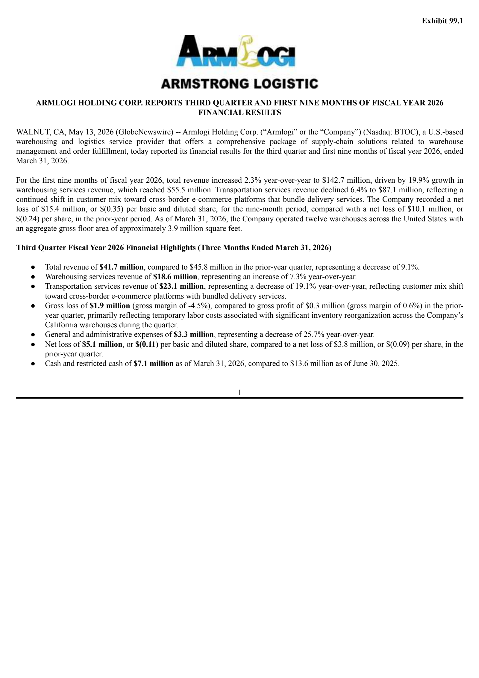 Armlogi's Q3 2026 Press Release