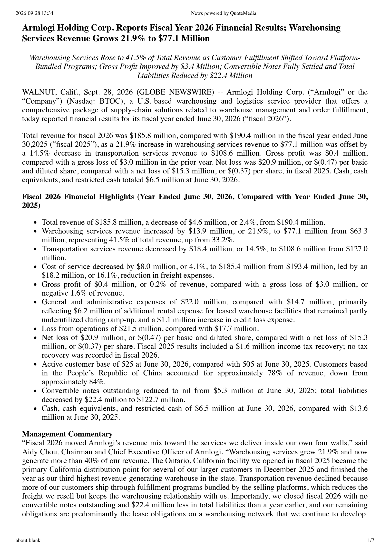 Armlogi's Q4 2026 Press Release
