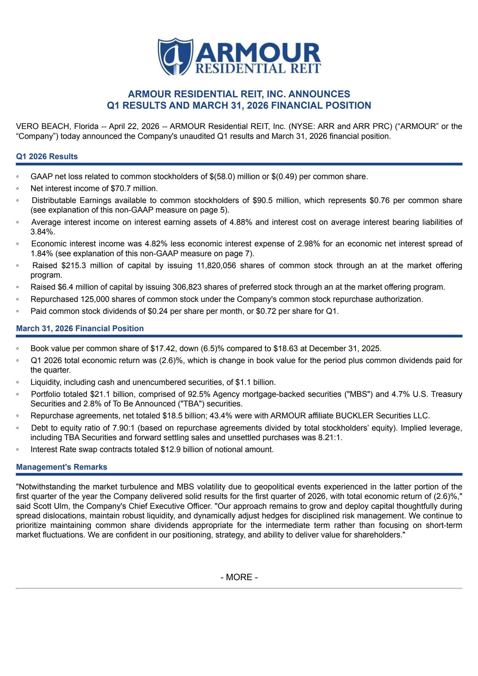 ARMOUR Residential REIT's Q1 2026 Press Release